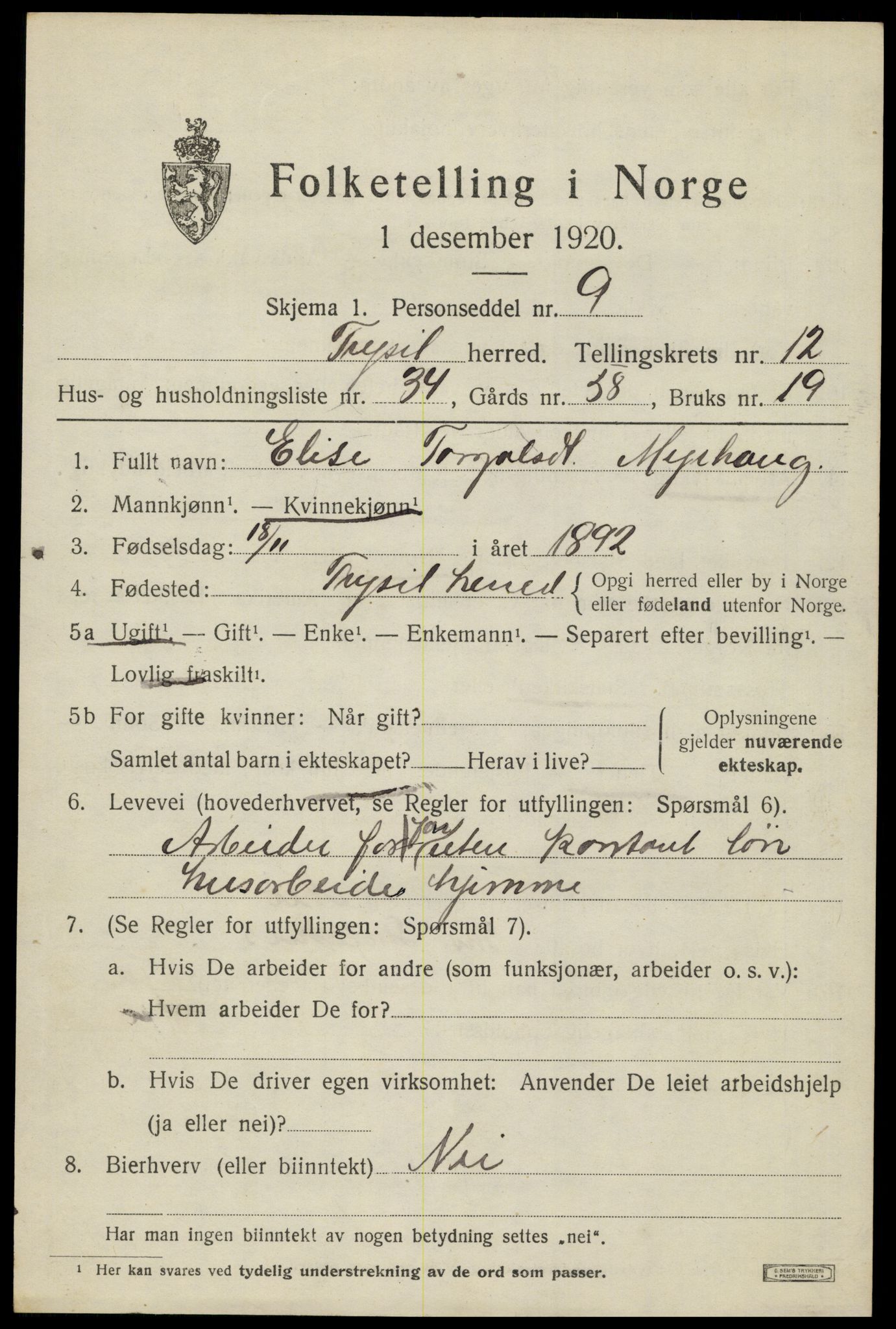 SAH, 1920 census for Trysil, 1920, p. 7583