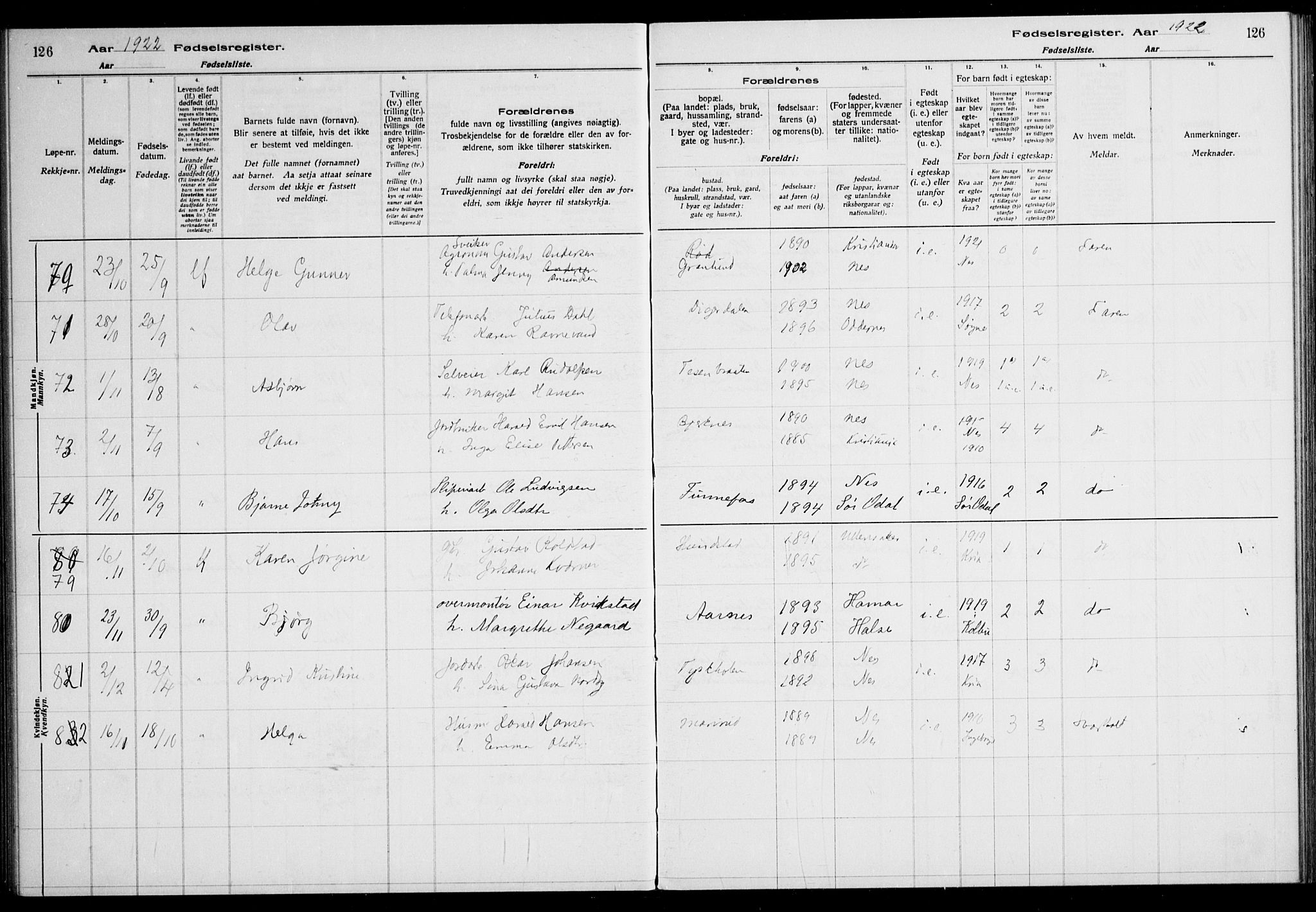 Nes prestekontor Kirkebøker, AV/SAO-A-10410/J/Ja/L0001: Birth register no. 1, 1916-1926, p. 126