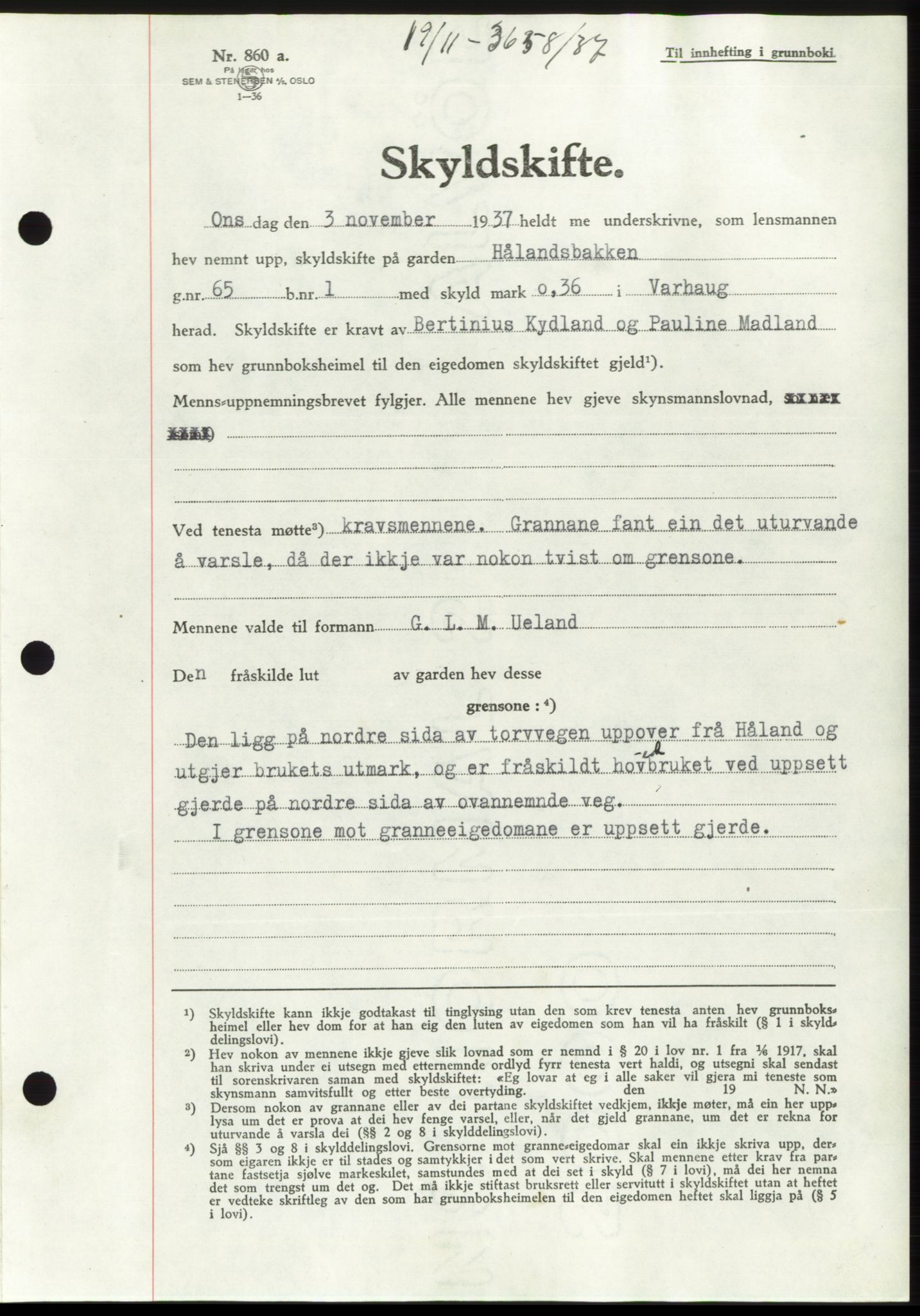 Jæren sorenskriveri, SAST/A-100310/03/G/Gba/L0069: Mortgage book, 1937-1937, Diary no: : 3658/1937