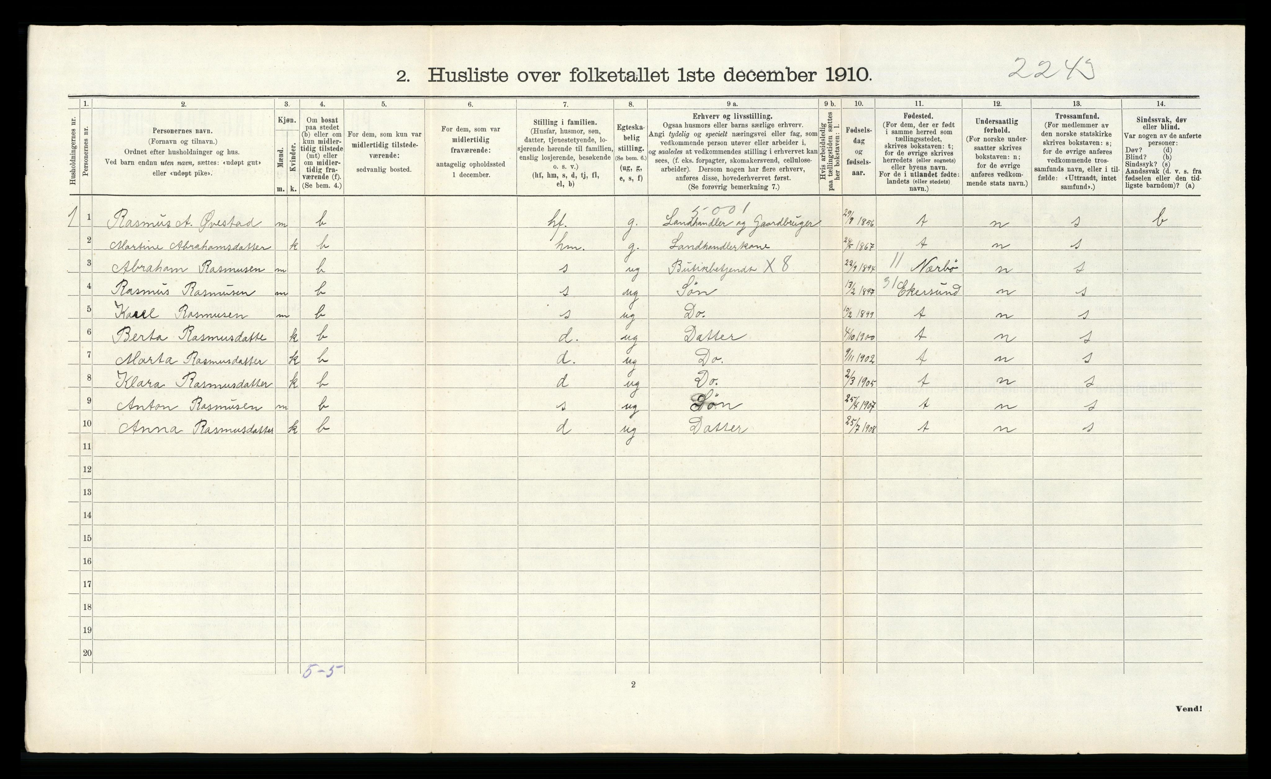 RA, 1910 census for Varhaug, 1910, p. 352