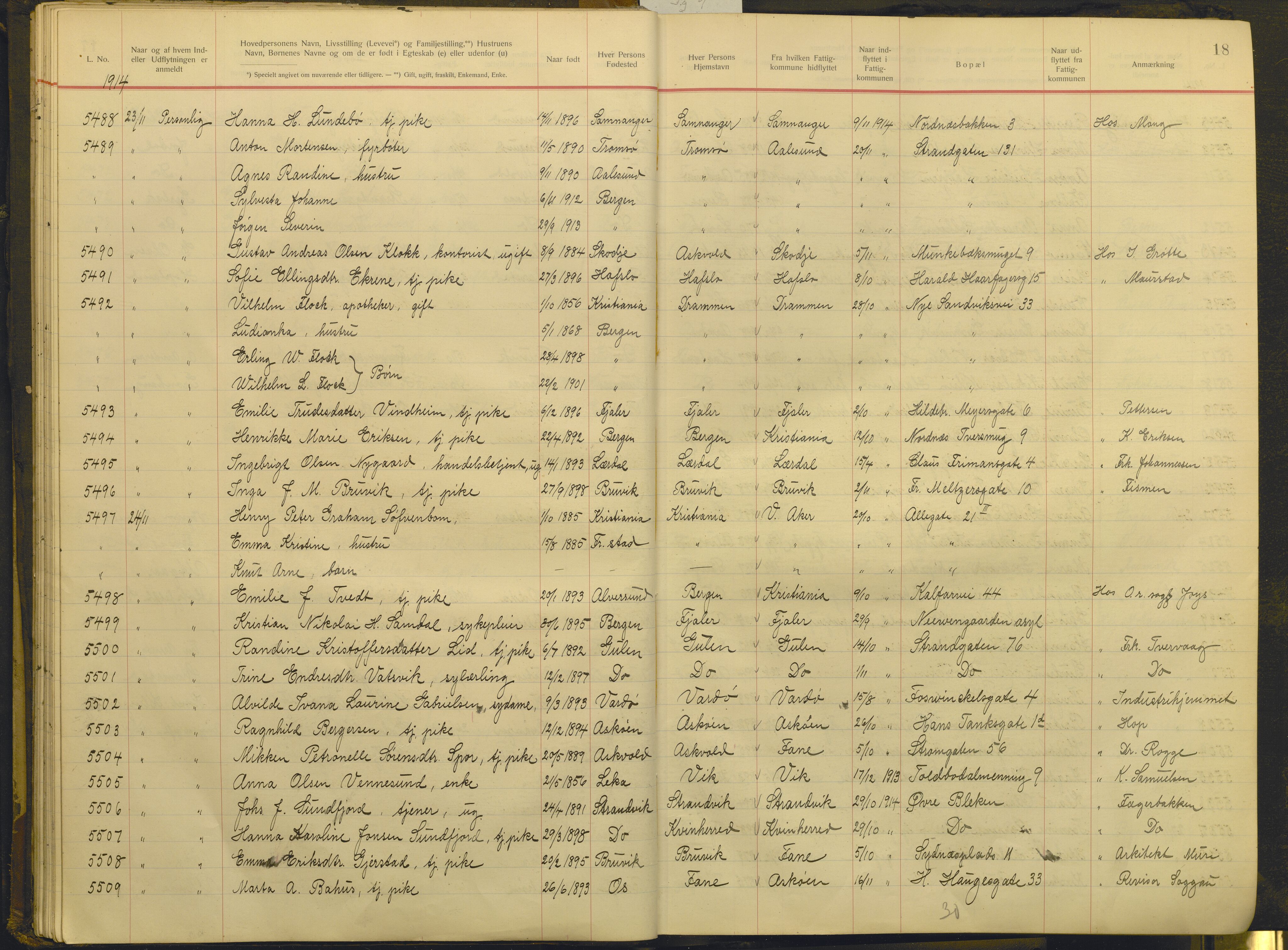 Bergen politikammer / politidistrikt, AV/SAB-A-60401/J.g/L0009: Protokoll over innflyttede, 1914-1917, p. 18