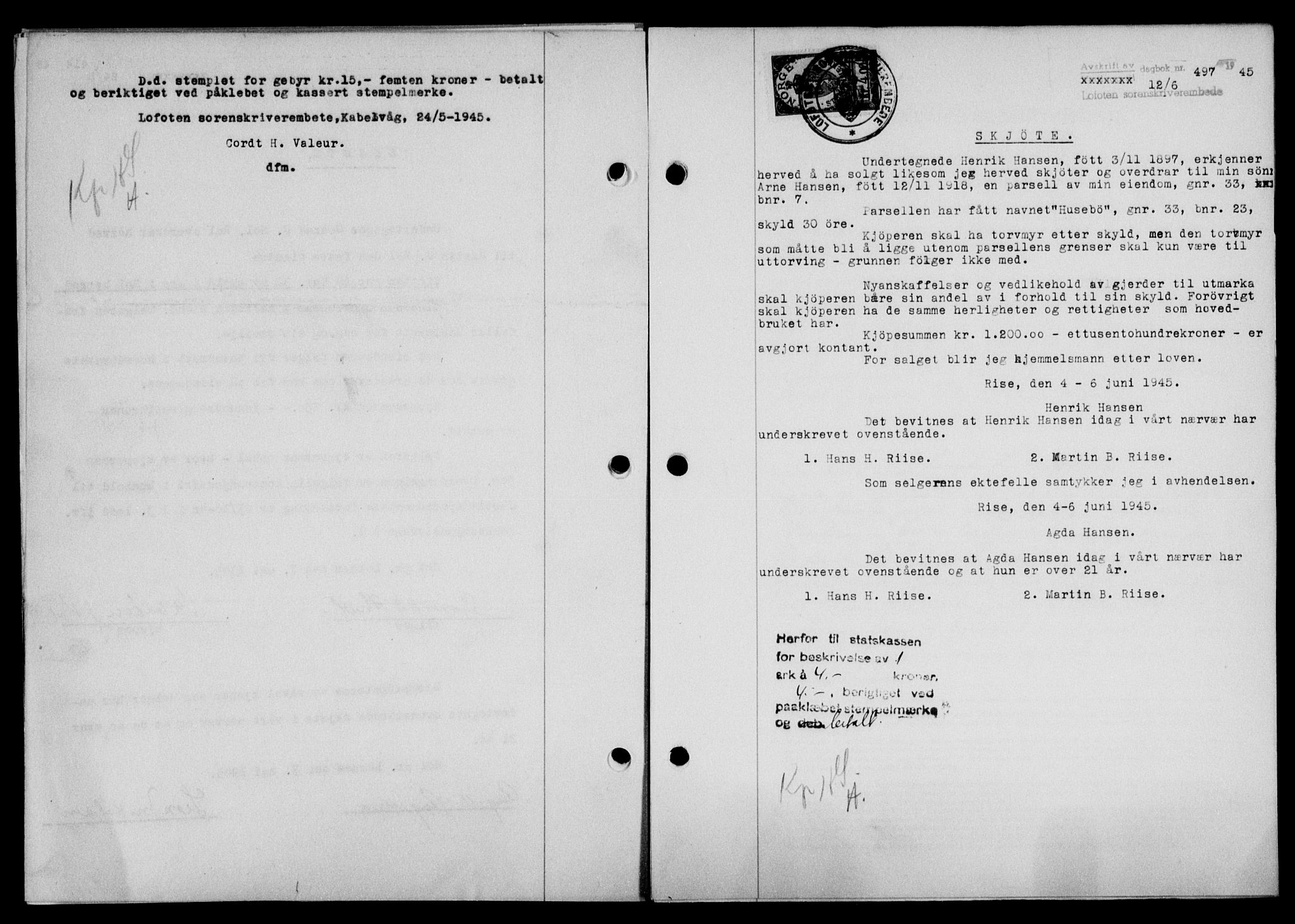Lofoten sorenskriveri, SAT/A-0017/1/2/2C/L0013a: Mortgage book no. 13a, 1944-1946, Diary no: : 497/1945
