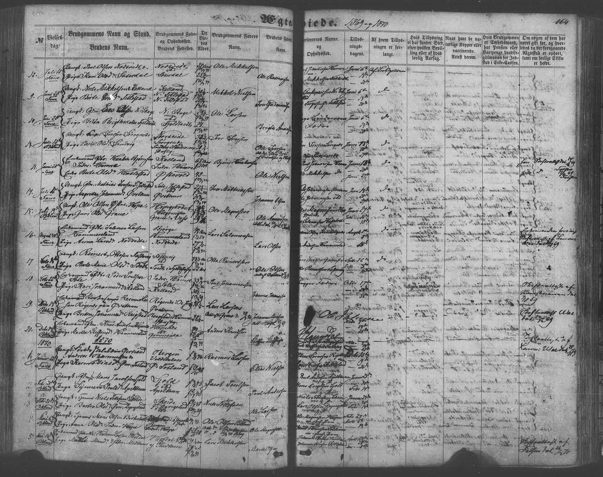 Fana Sokneprestembete, SAB/A-75101/H/Haa/Haaa/L0012: Parish register (official) no. A 12, 1862-1878, p. 164