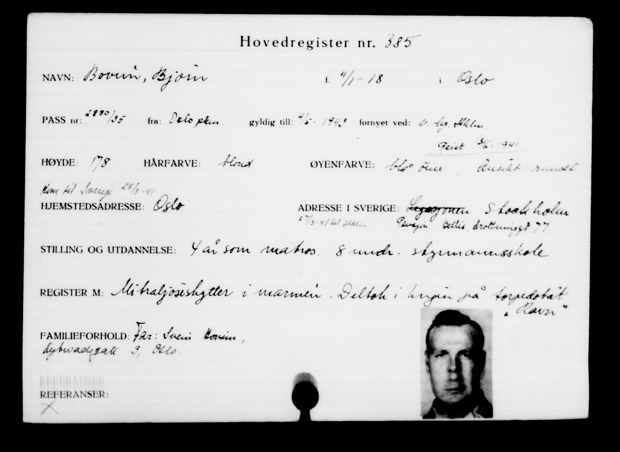 Utenriksstasjonene, Legasjonen i Stockholm, Flyktningkontoret, AV/RA-S-6753/V/Va/L0001: Kjesäterkartoteket, flyktninger med registreringsnr. 1-1000, 1940-1945, p. 607
