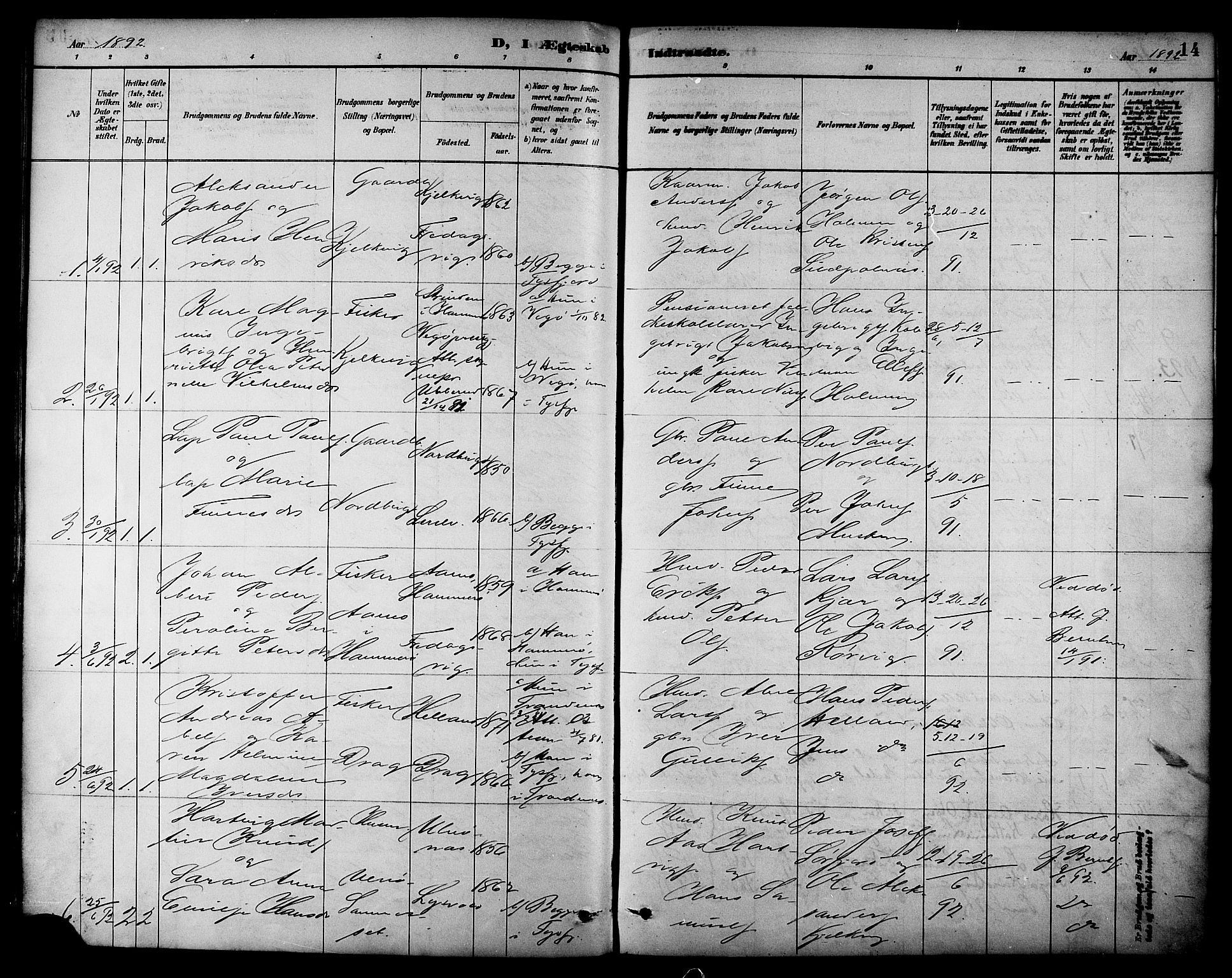 Ministerialprotokoller, klokkerbøker og fødselsregistre - Nordland, AV/SAT-A-1459/861/L0870: Parish register (official) no. 861A05, 1889-1903, p. 14