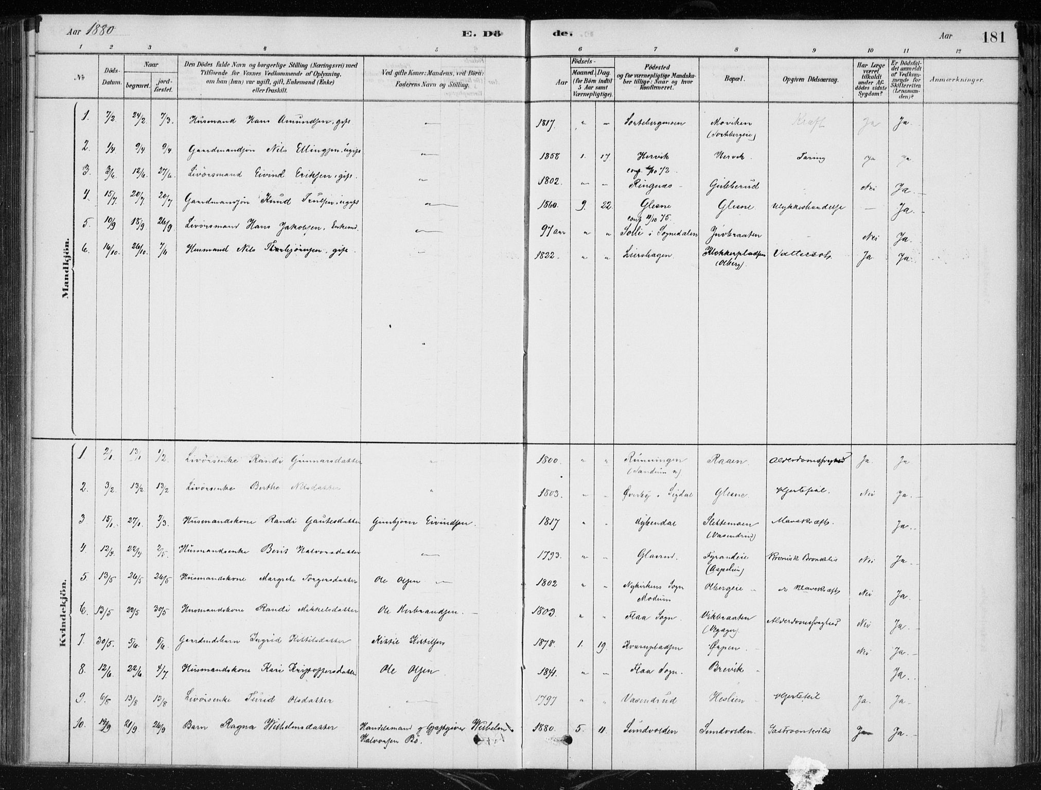 Krødsherad kirkebøker, SAKO/A-19/F/Fa/L0005: Parish register (official) no. 5, 1879-1888, p. 181