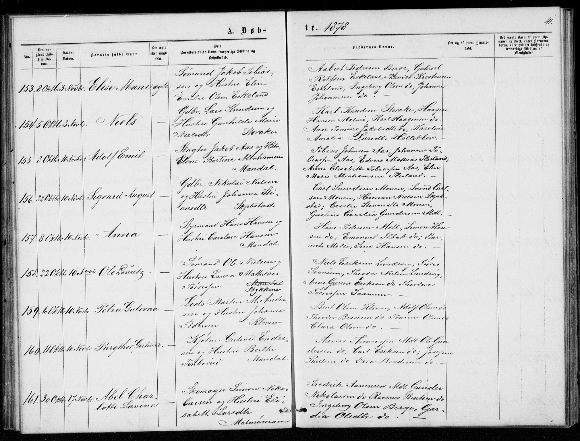 Mandal sokneprestkontor, AV/SAK-1111-0030/F/Fb/Fba/L0010: Parish register (copy) no. B 4, 1876-1880, p. 41