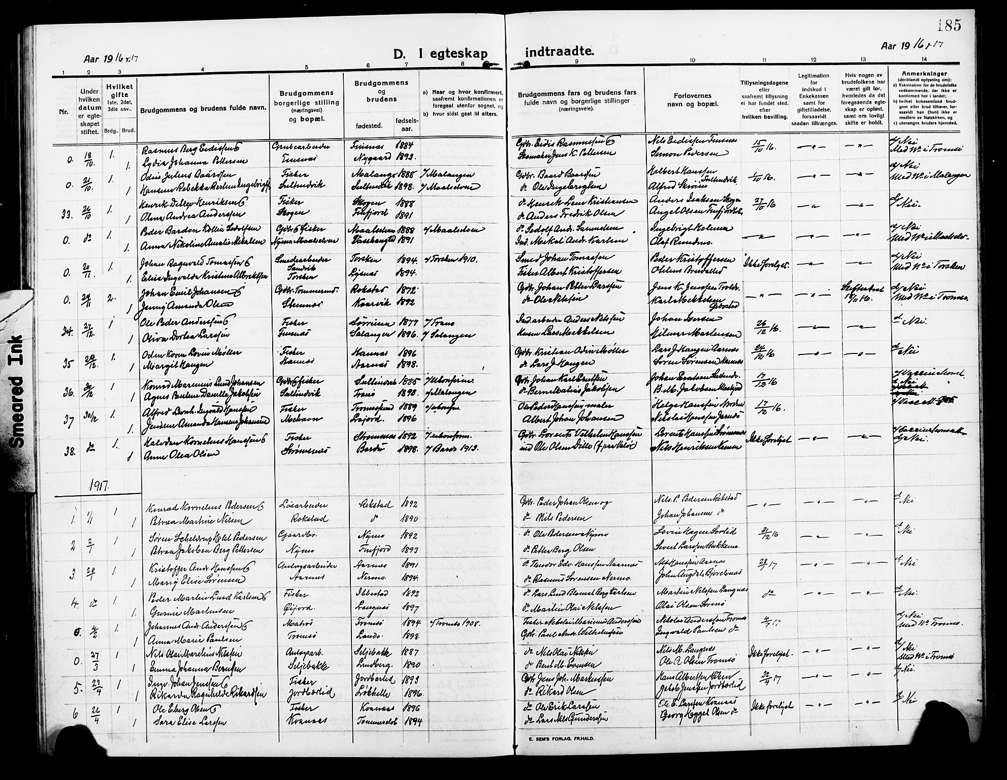 Lenvik sokneprestembete, AV/SATØ-S-1310/H/Ha/Hab/L0009klokker: Parish register (copy) no. 9, 1912-1926, p. 185