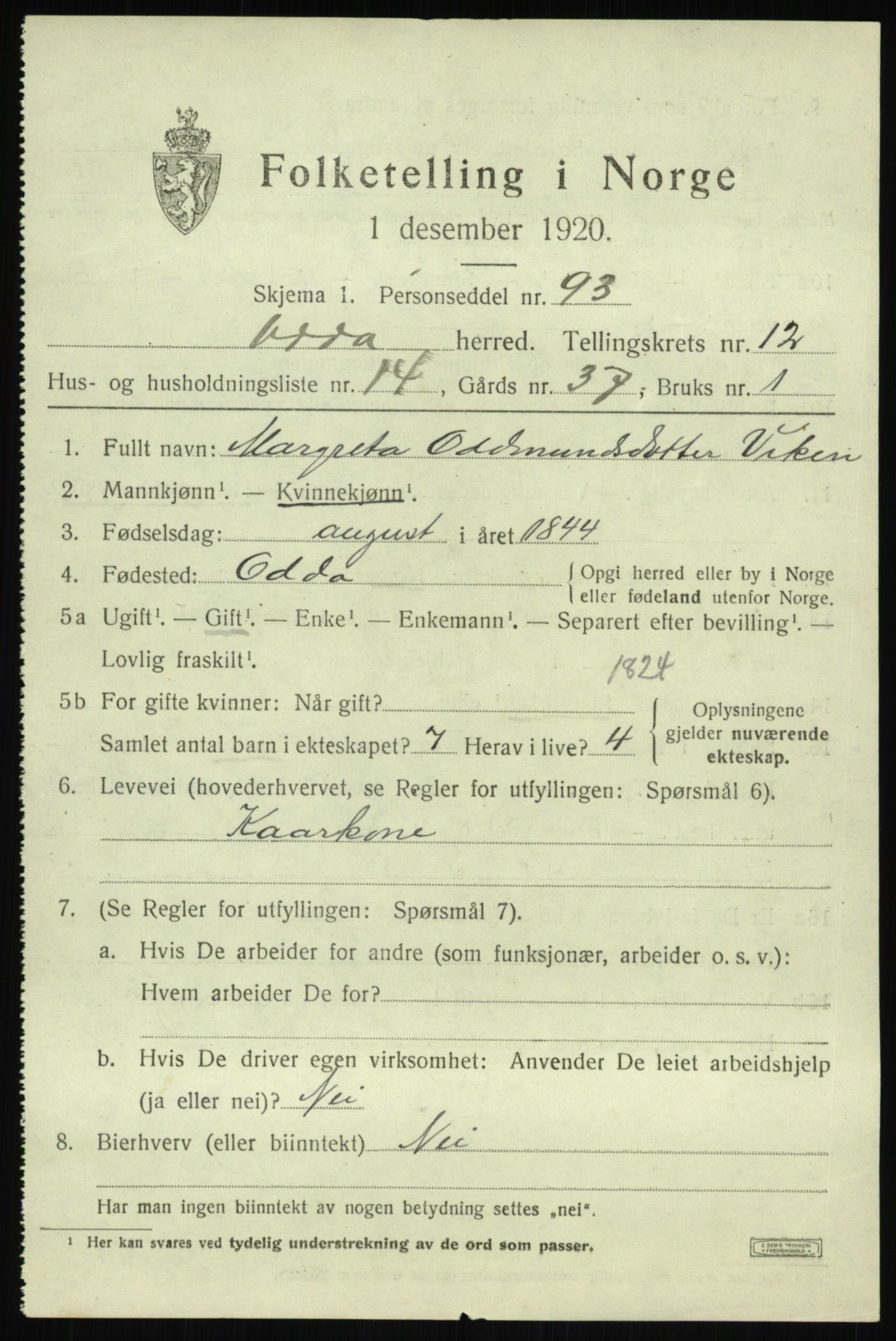 SAB, 1920 census for Odda, 1920, p. 11843