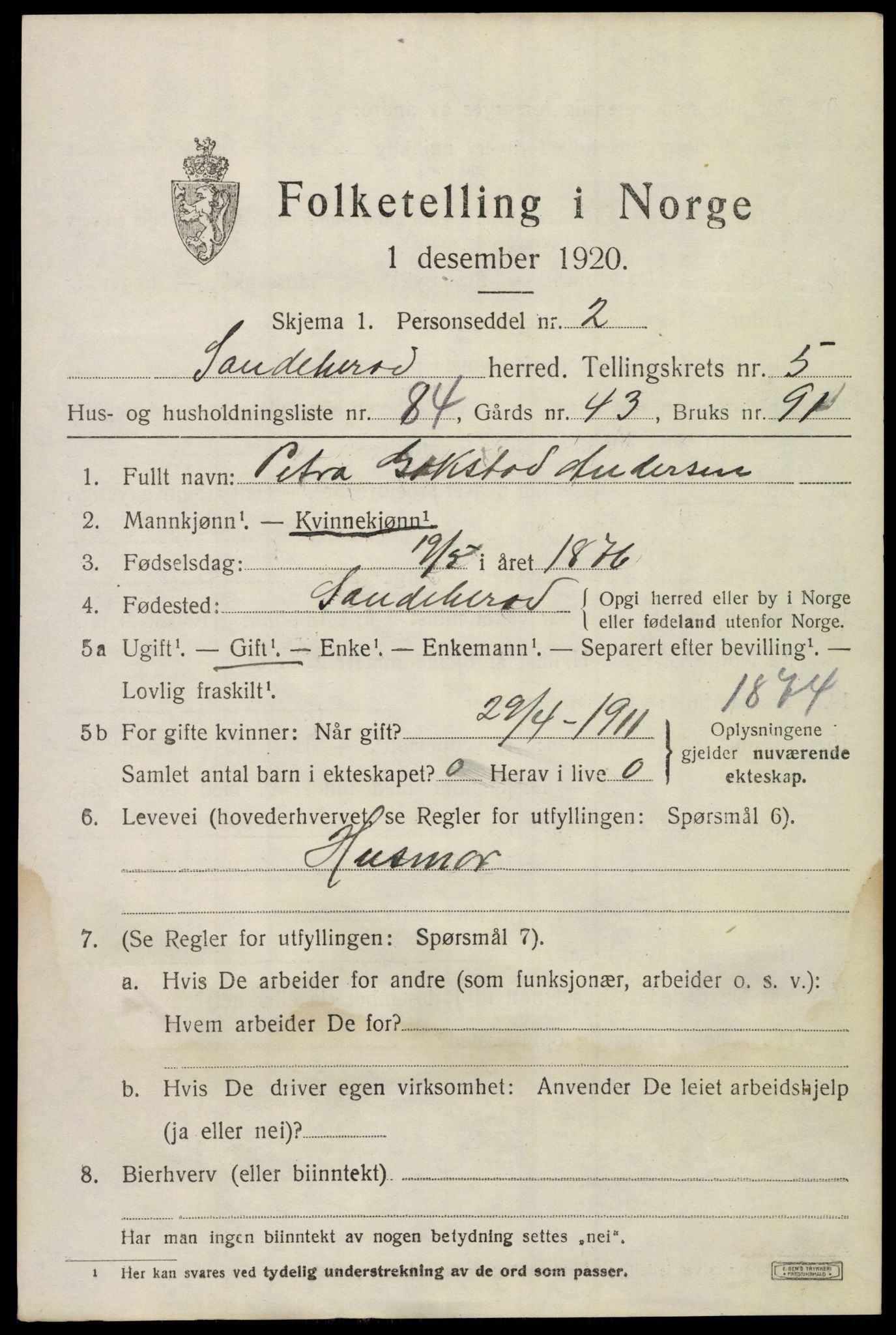 SAKO, 1920 census for Sandeherred, 1920, p. 9202