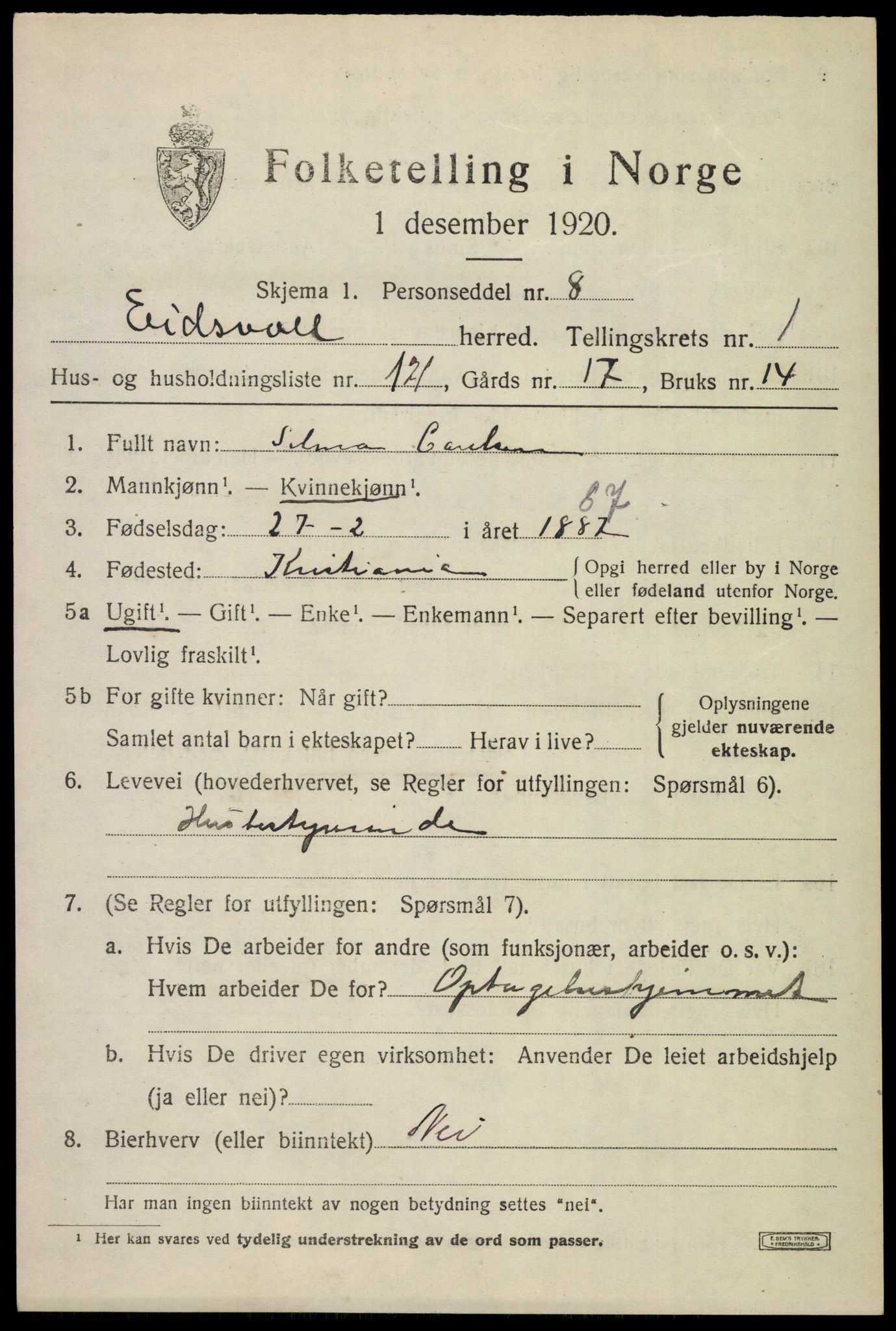 SAO, 1920 census for Eidsvoll, 1920, p. 5095
