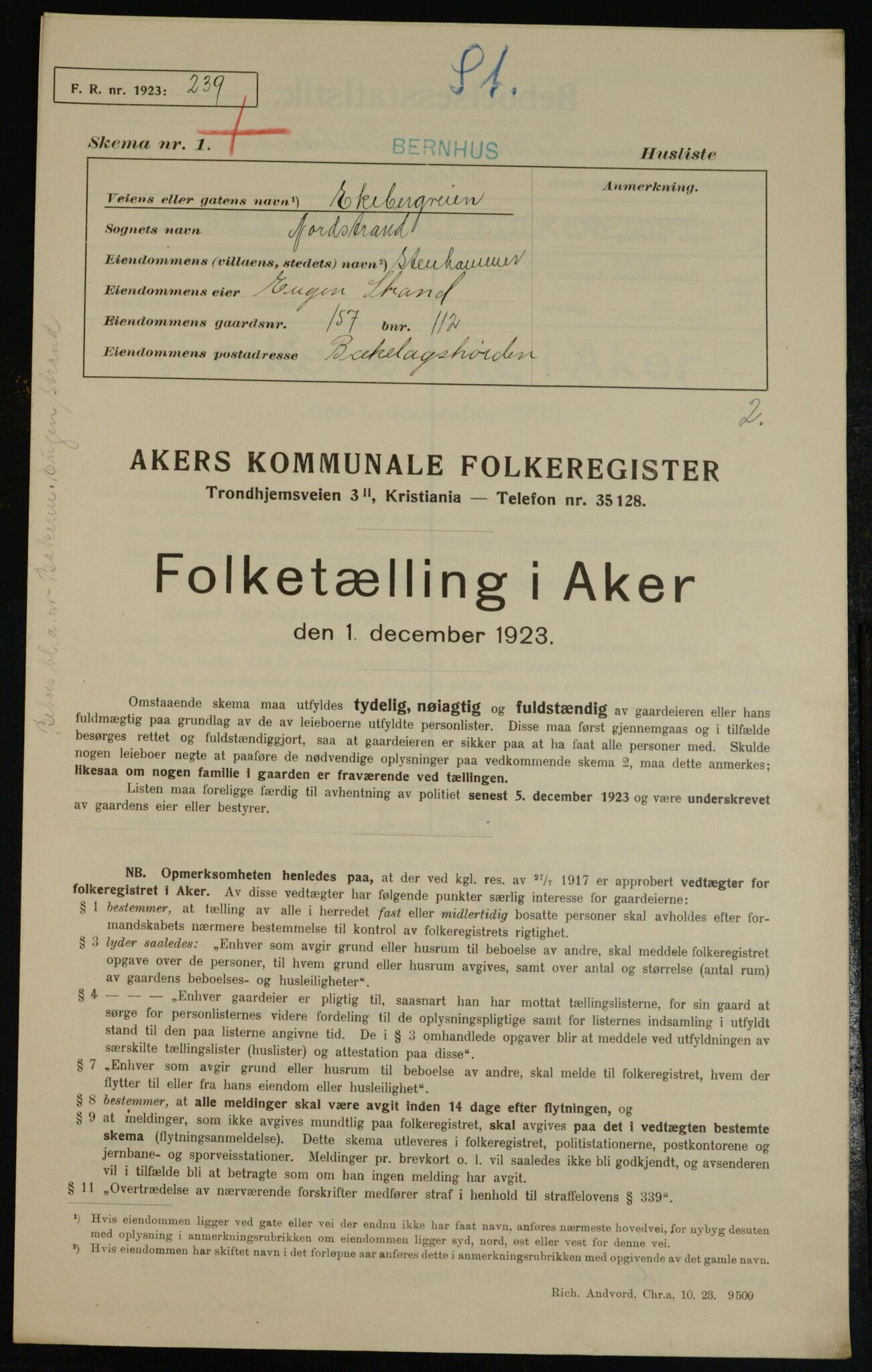 , Municipal Census 1923 for Aker, 1923, p. 38061