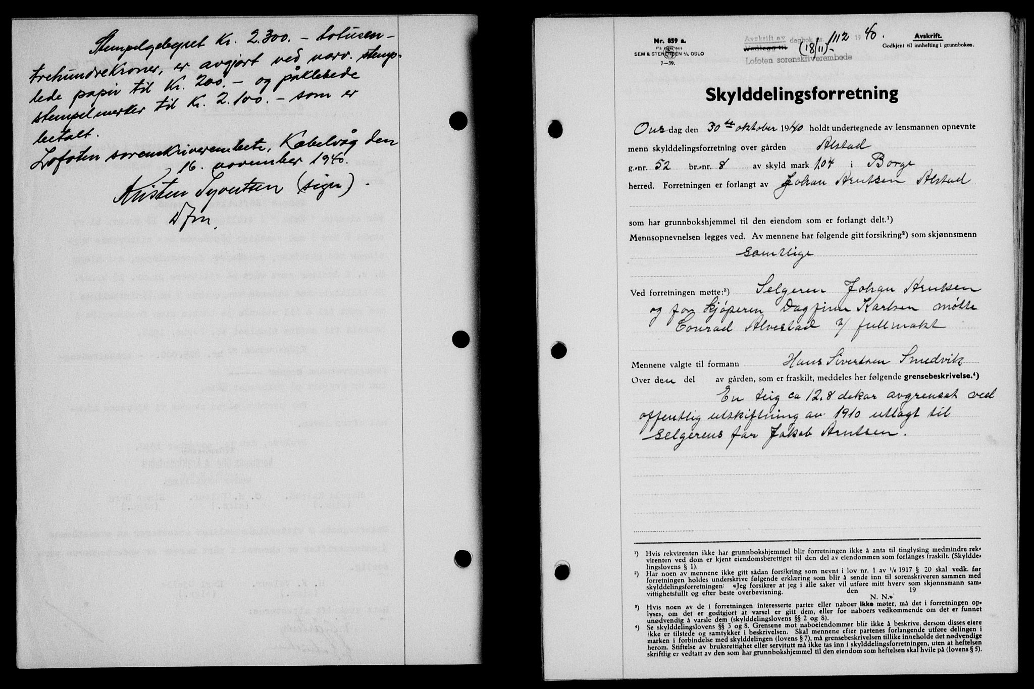 Lofoten sorenskriveri, SAT/A-0017/1/2/2C/L0008a: Mortgage book no. 8a, 1940-1941, Diary no: : 1112/1940