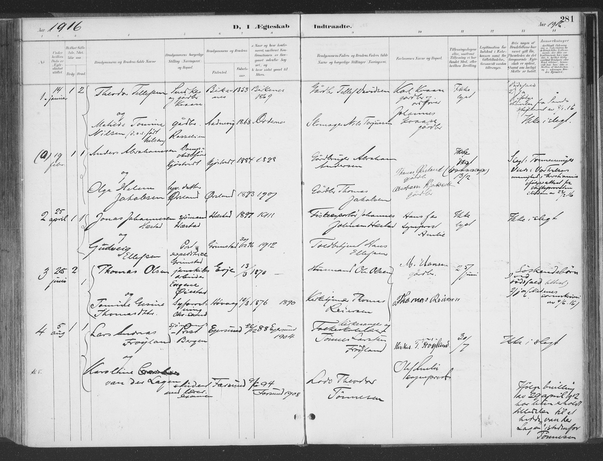 Høvåg sokneprestkontor, SAK/1111-0025/F/Fa/L0006: Parish register (official) no. A 6, 1894-1923, p. 281