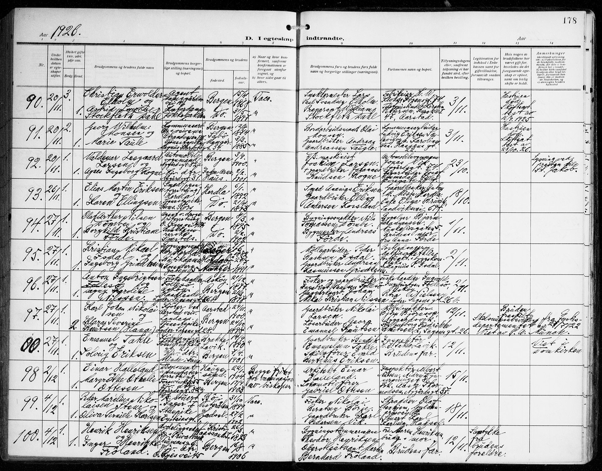 Johanneskirken sokneprestembete, SAB/A-76001/H/Haa/L0013: Parish register (official) no. D 2, 1912-1929, p. 178