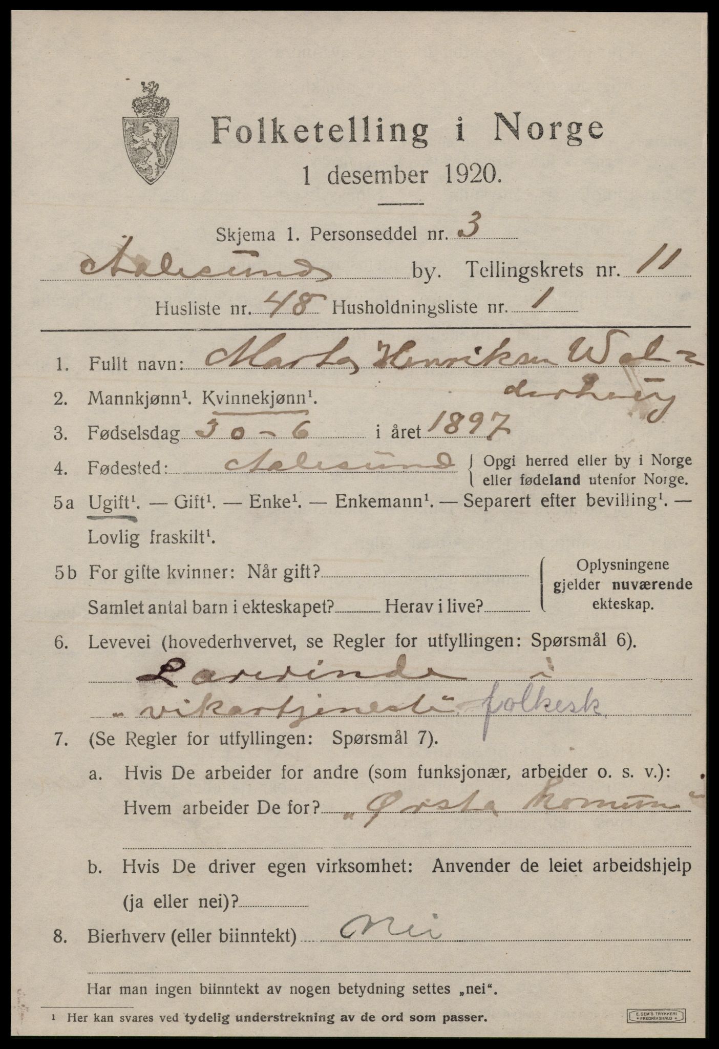 SAT, 1920 census for Ålesund, 1920, p. 26014