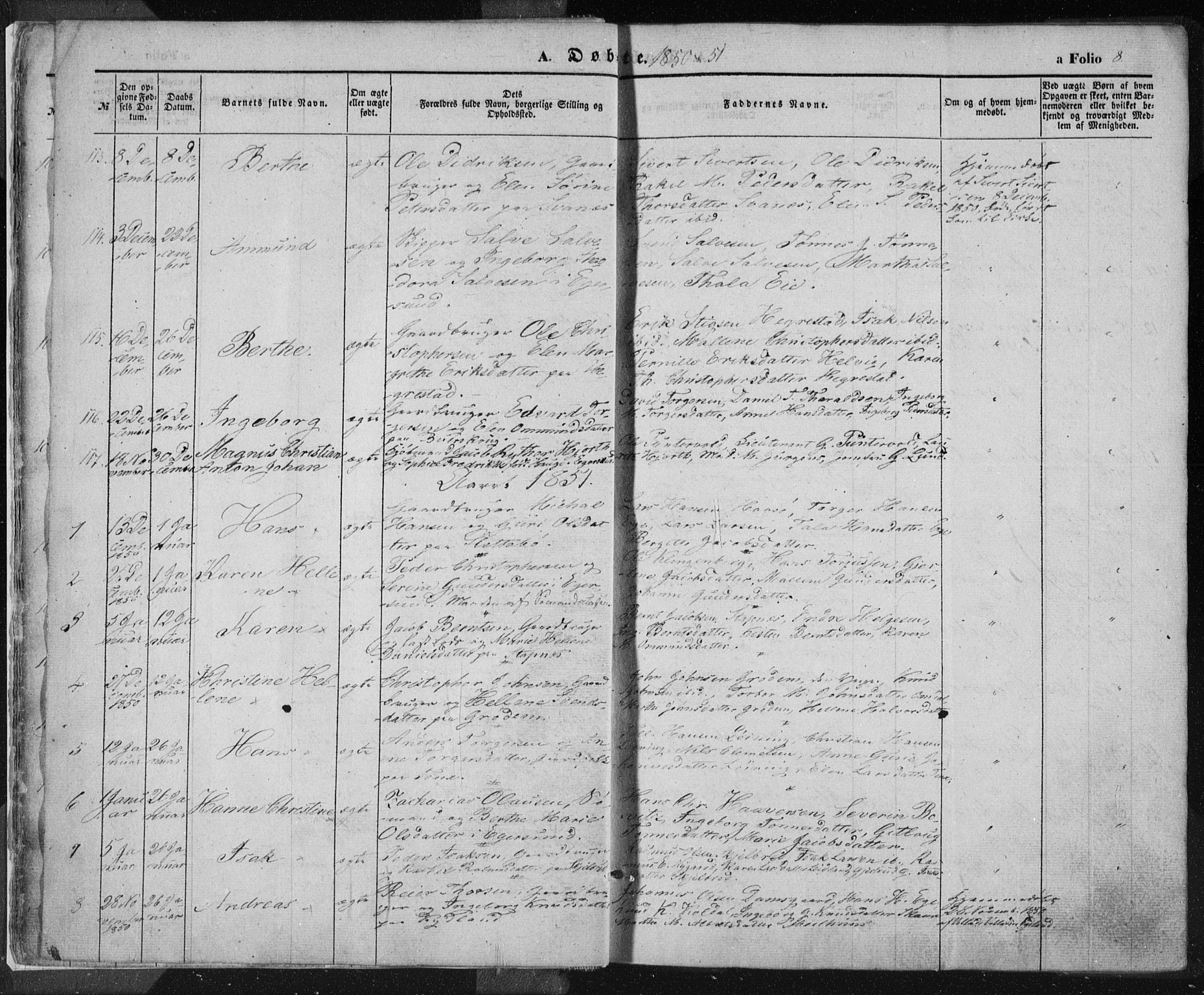 Eigersund sokneprestkontor, SAST/A-101807/S08/L0012: Parish register (official) no. A 12.1, 1850-1865, p. 8