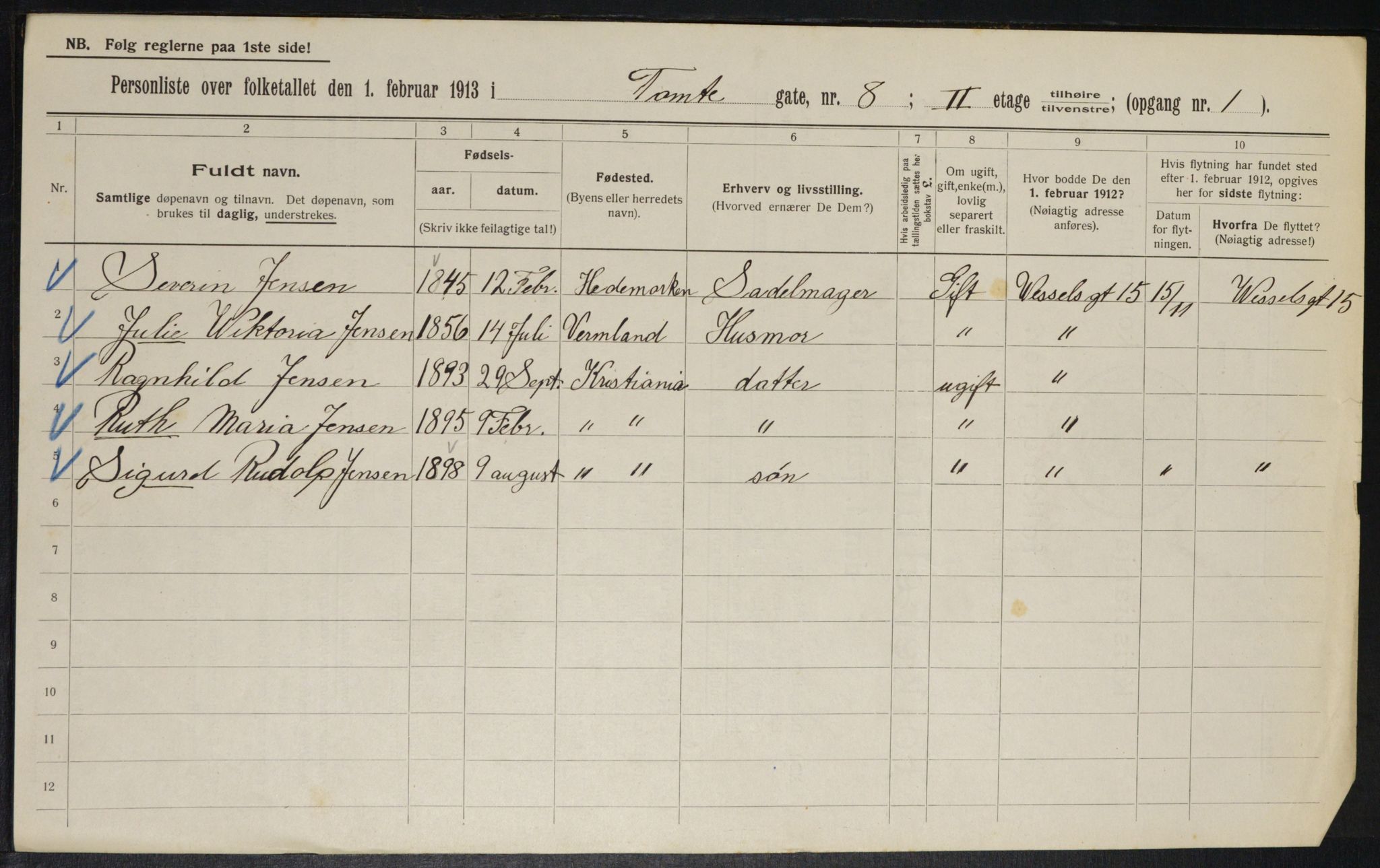 OBA, Municipal Census 1913 for Kristiania, 1913, p. 113506