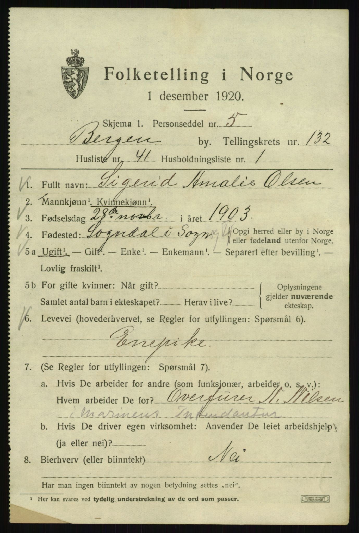 SAB, 1920 census for Bergen, 1920, p. 223650