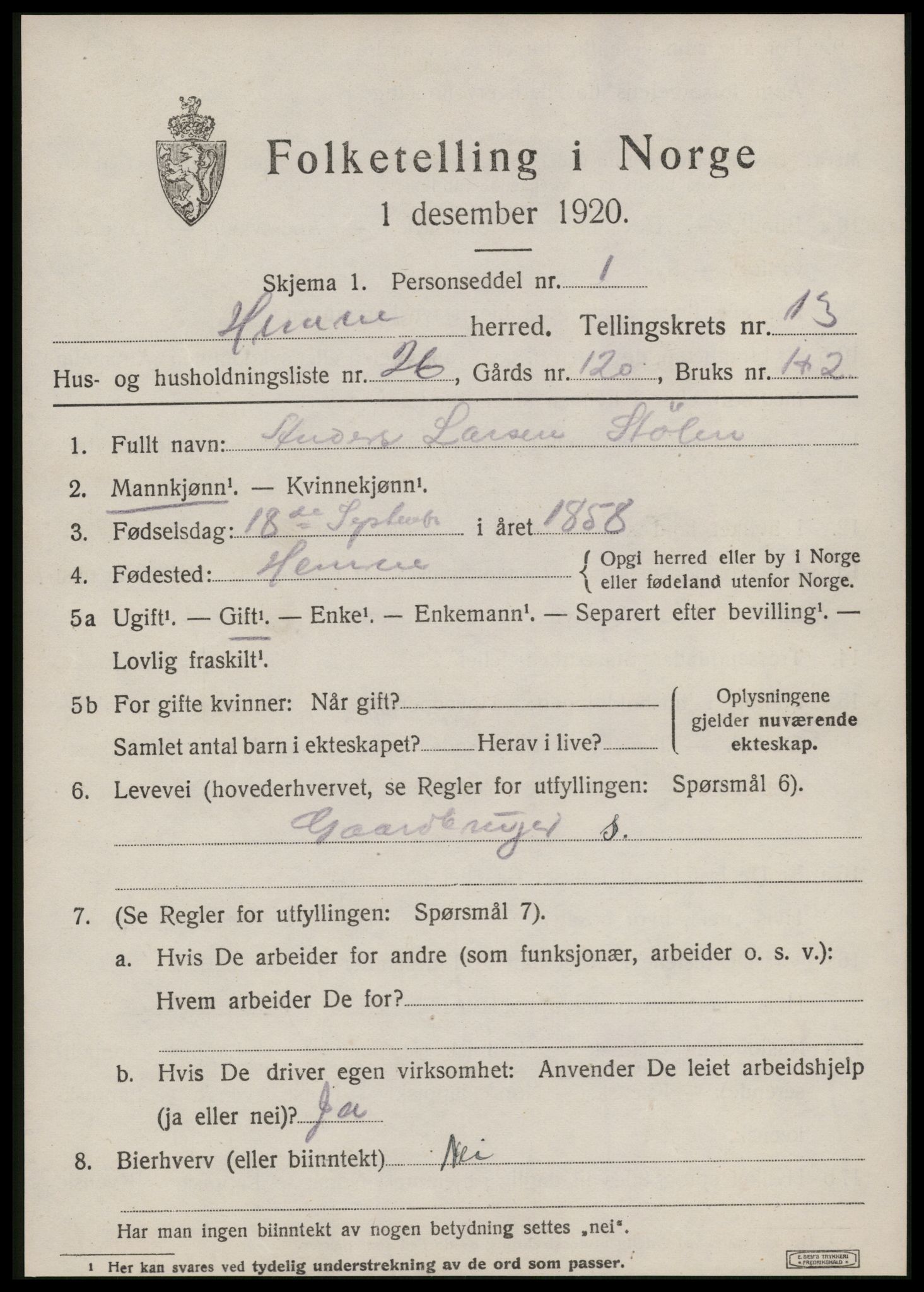 SAT, 1920 census for Hemne, 1920, p. 7546