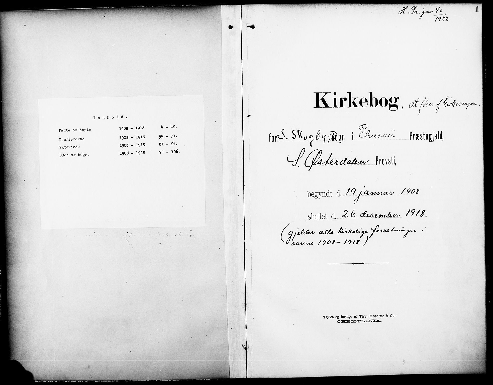 Elverum prestekontor, AV/SAH-PREST-044/H/Ha/Hab/L0008: Parish register (copy) no. 8, 1908-1918, p. 1