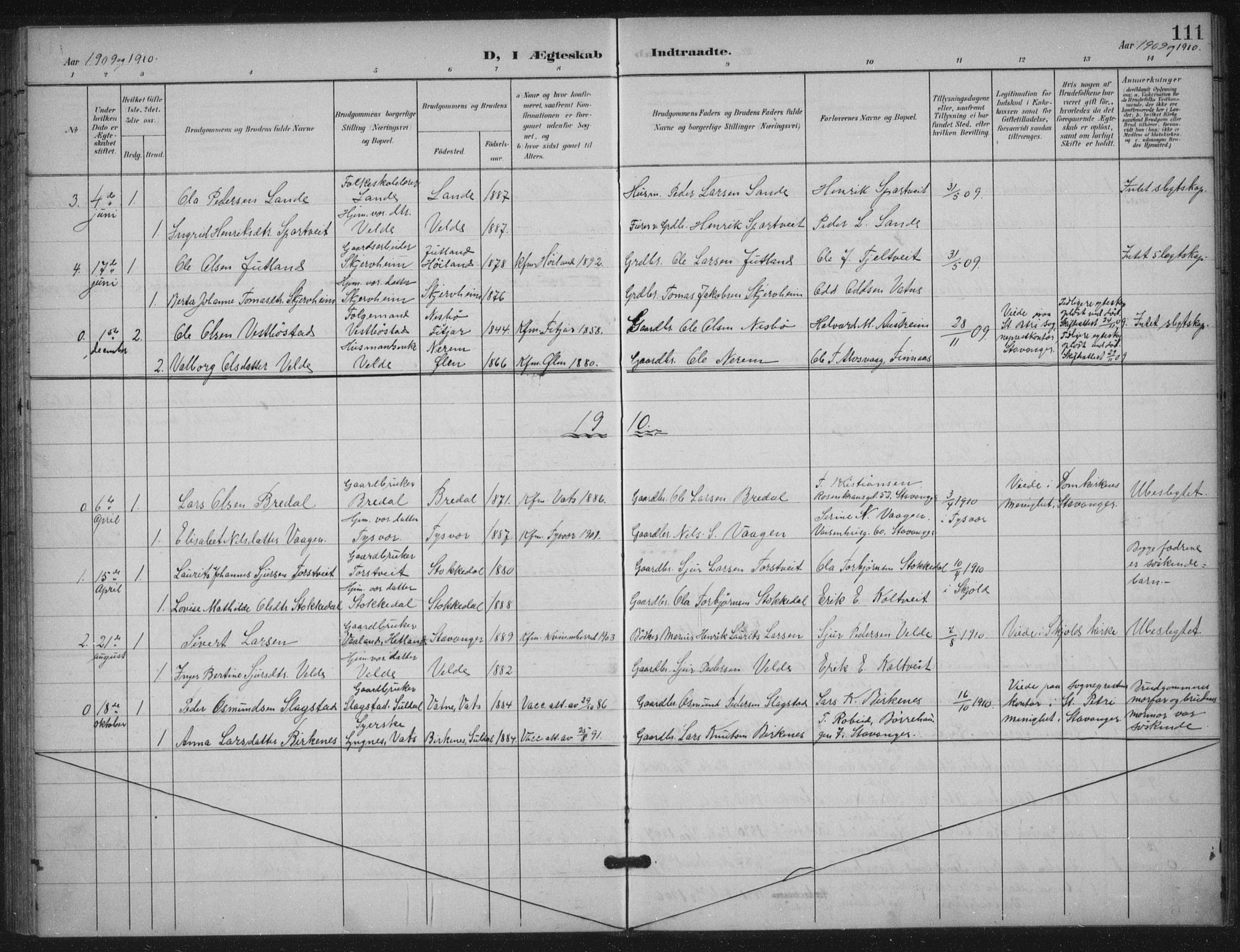 Skjold sokneprestkontor, SAST/A-101847/H/Ha/Haa/L0012: Parish register (official) no. A 12, 1899-1915, p. 111