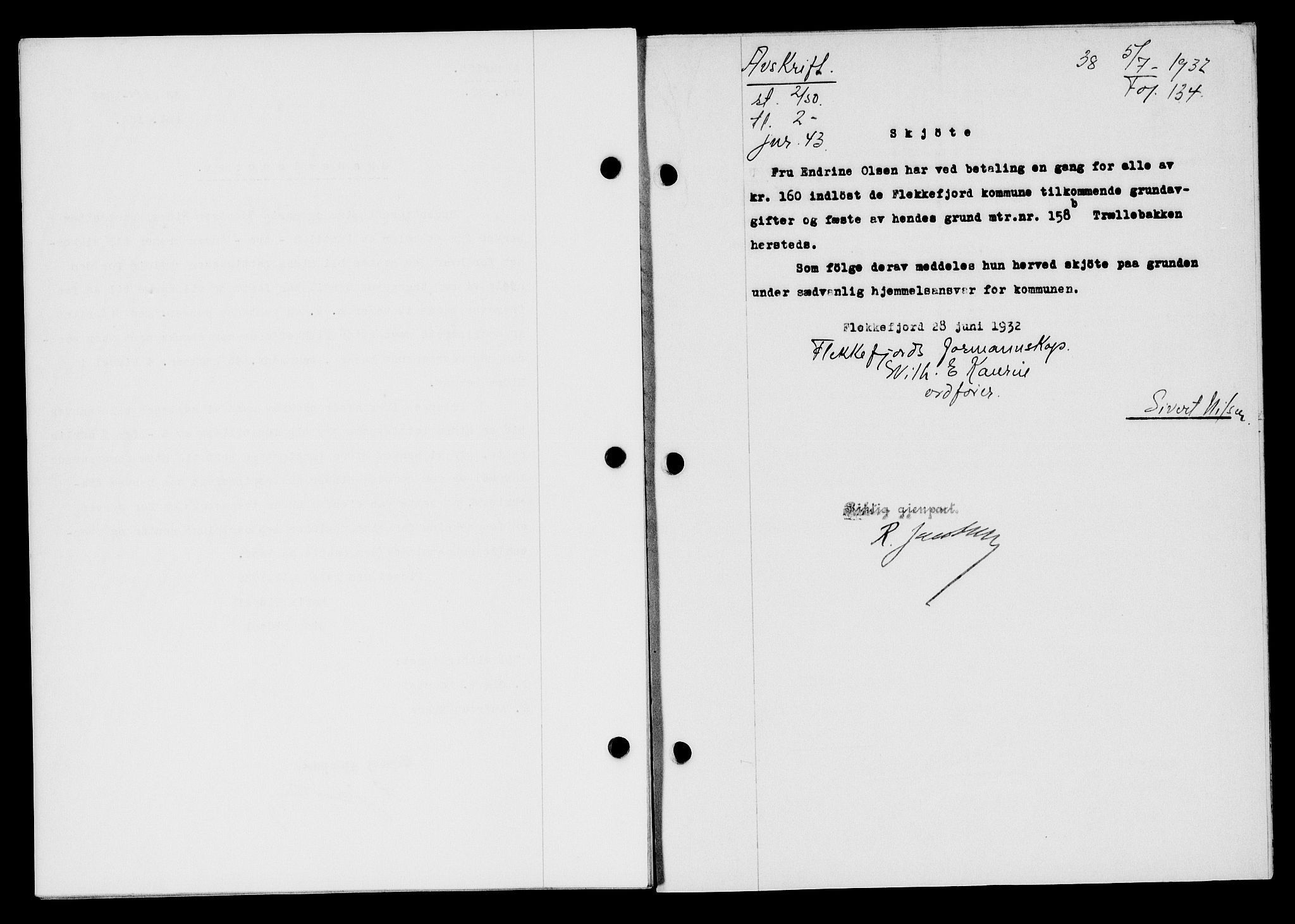 Flekkefjord sorenskriveri, SAK/1221-0001/G/Gb/Gba/L0047: Mortgage book no. 45, 1931-1932, Deed date: 05.07.1932
