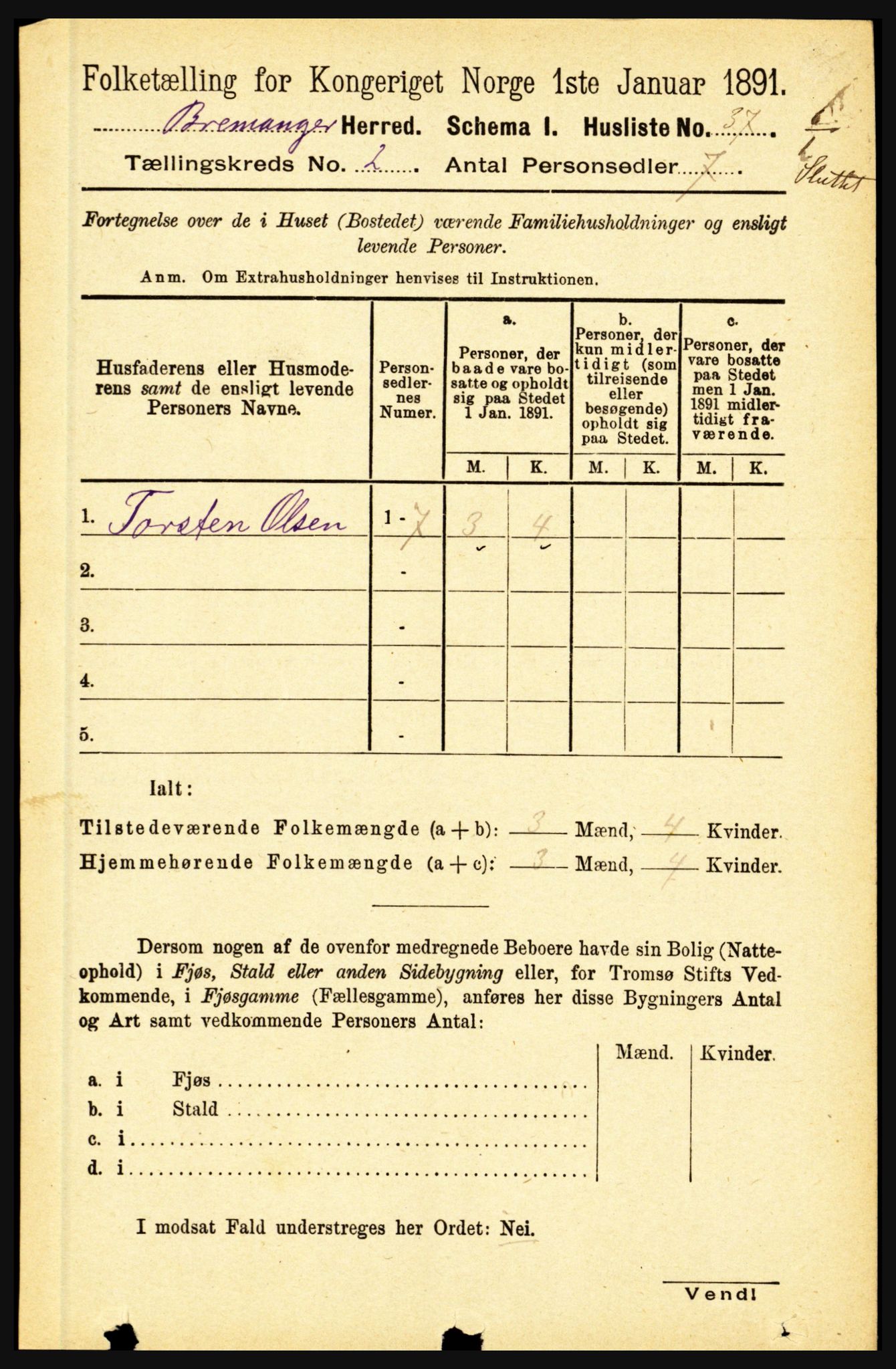 RA, 1891 census for 1438 Bremanger, 1891, p. 648