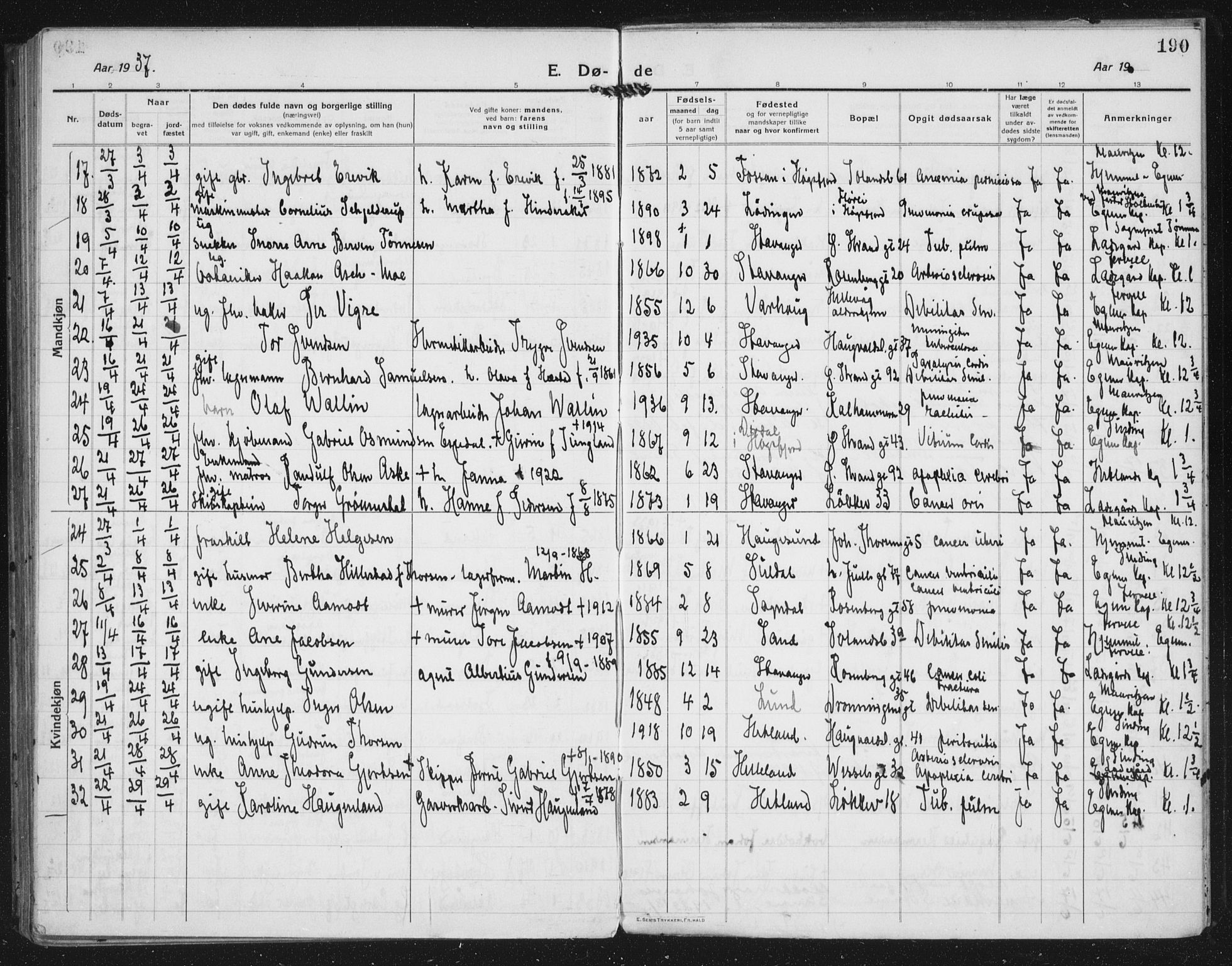 Domkirken sokneprestkontor, AV/SAST-A-101812/002/A/L0017: Parish register (official) no. A 36, 1917-1938, p. 190