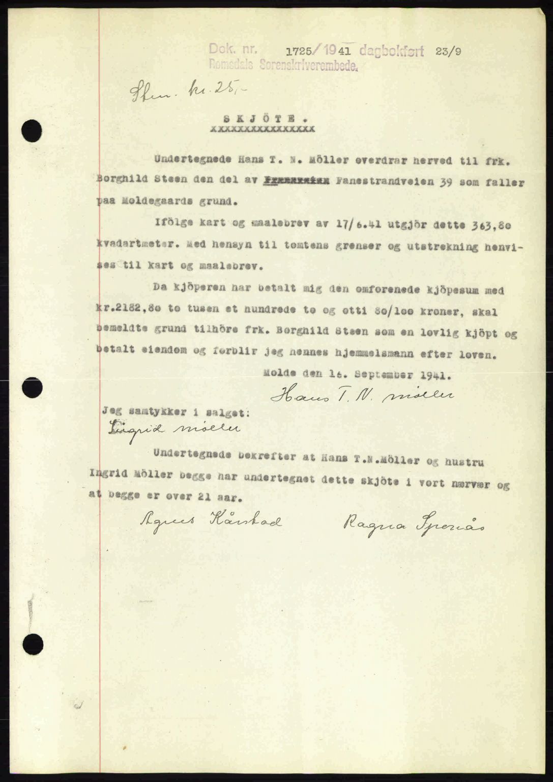 Romsdal sorenskriveri, AV/SAT-A-4149/1/2/2C: Mortgage book no. A10, 1941-1941, Diary no: : 1725/1941