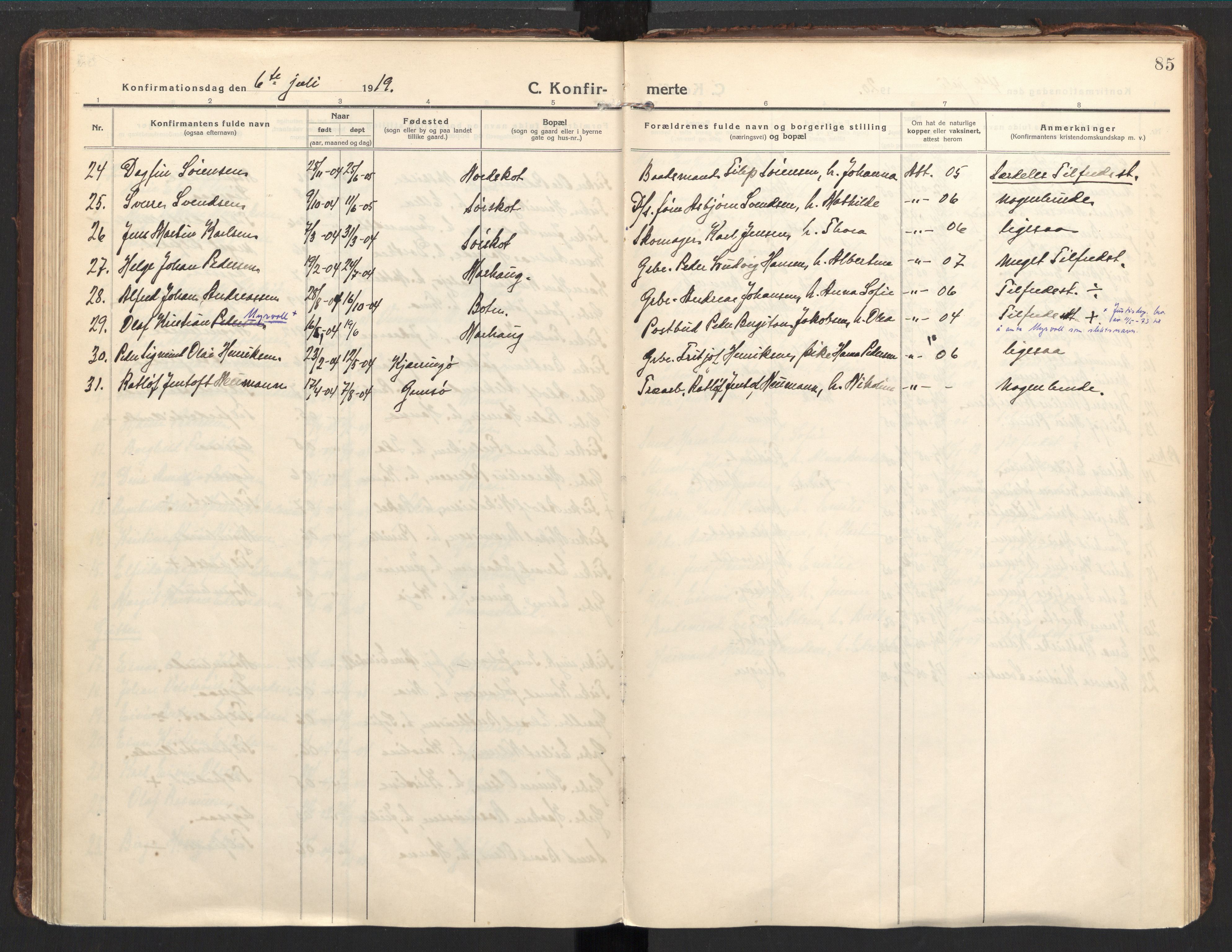 Ministerialprotokoller, klokkerbøker og fødselsregistre - Nordland, AV/SAT-A-1459/857/L0824: Parish register (official) no. 857A04, 1917-1943, p. 85