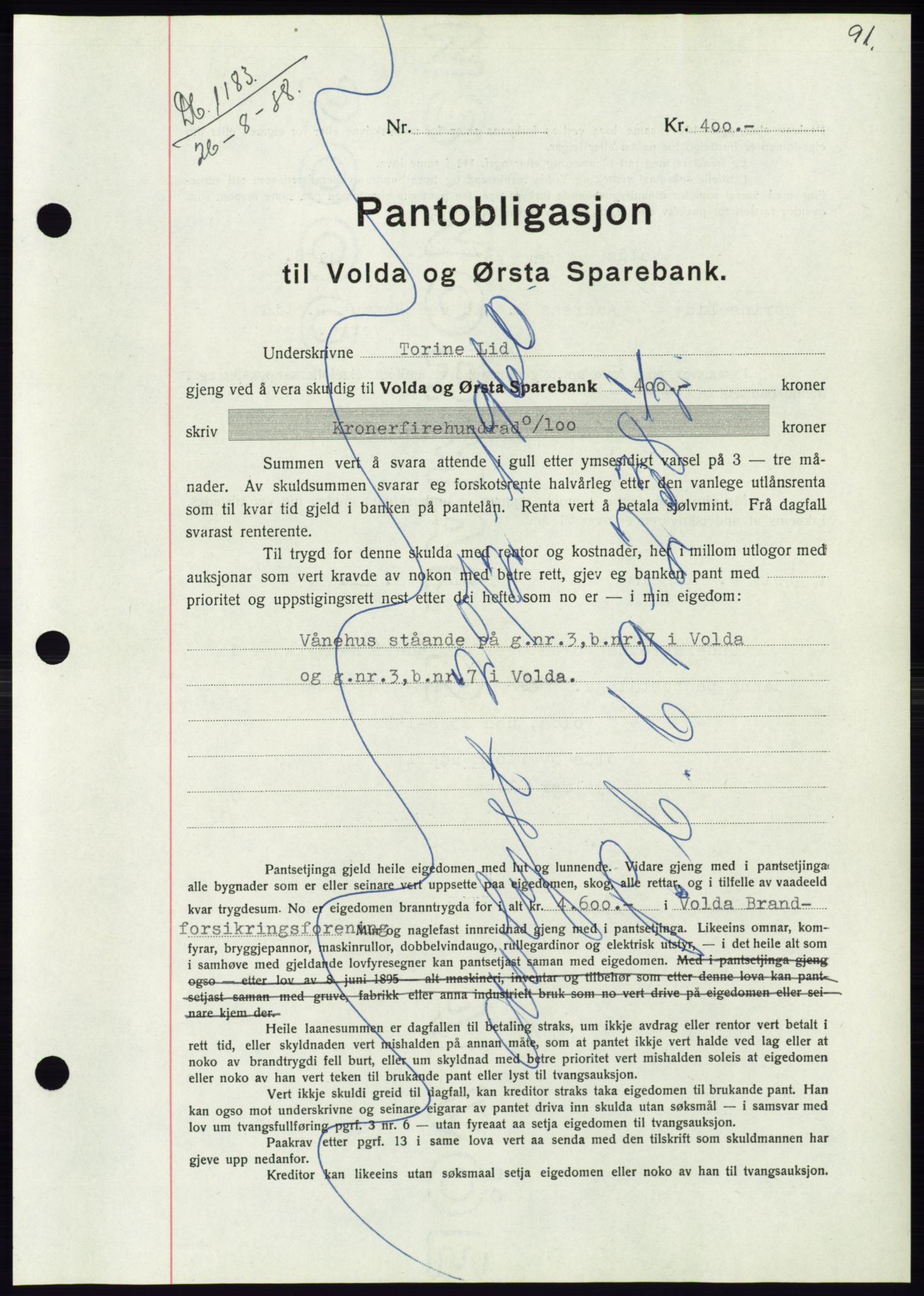 Søre Sunnmøre sorenskriveri, AV/SAT-A-4122/1/2/2C/L0066: Mortgage book no. 60, 1938-1938, Diary no: : 1183/1938