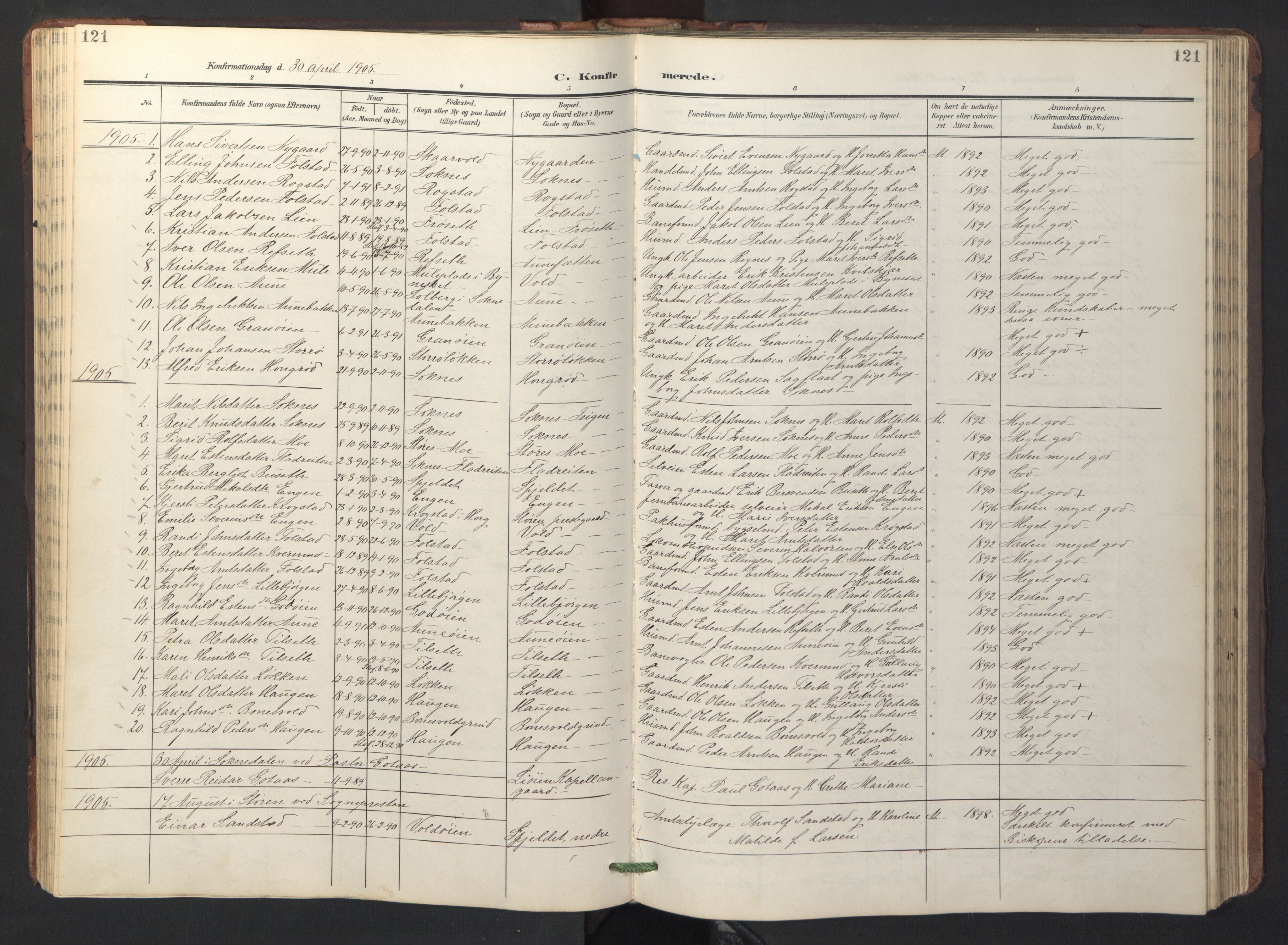 Ministerialprotokoller, klokkerbøker og fødselsregistre - Sør-Trøndelag, SAT/A-1456/687/L1019: Parish register (copy) no. 687C03, 1904-1931, p. 121