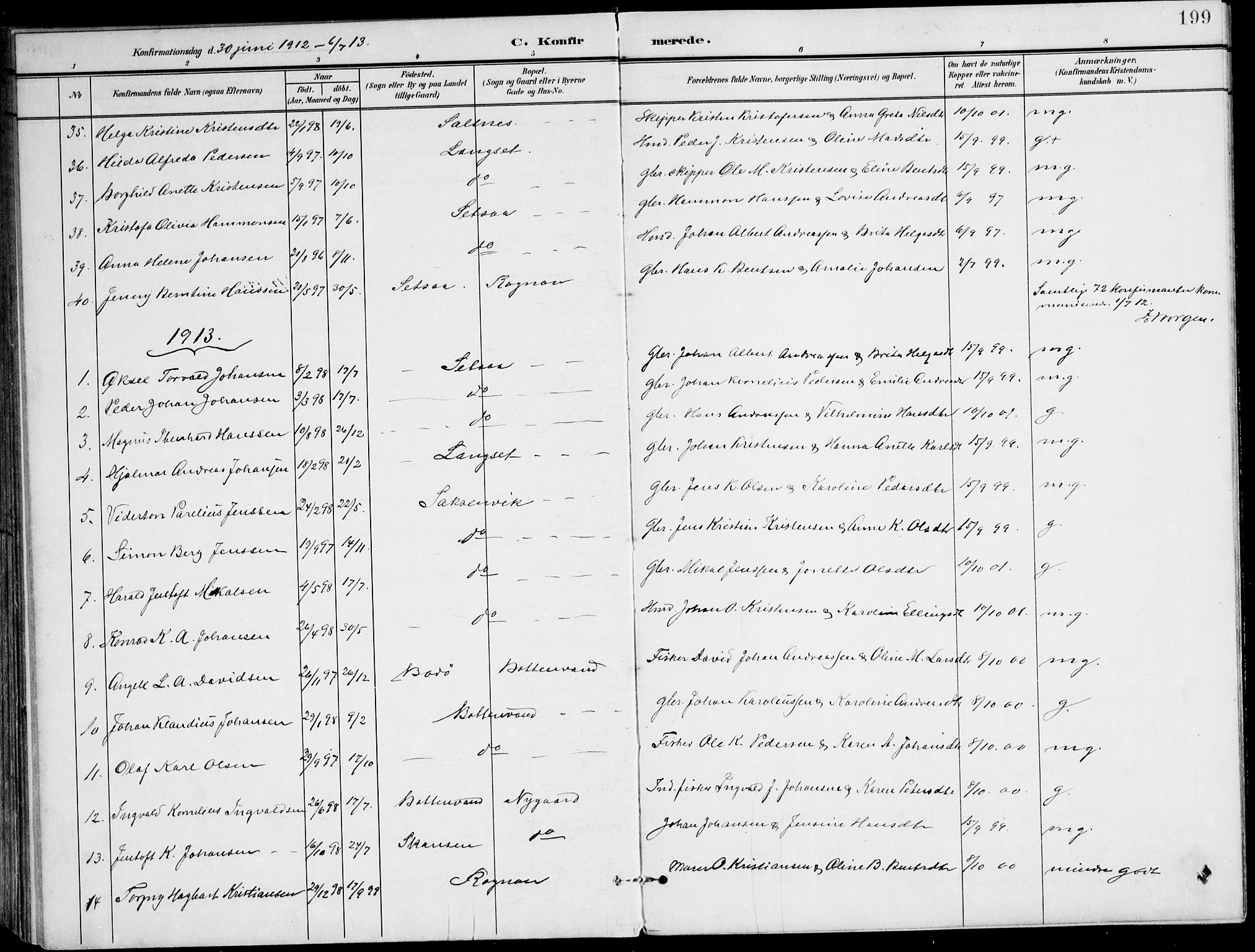 Ministerialprotokoller, klokkerbøker og fødselsregistre - Nordland, AV/SAT-A-1459/847/L0672: Parish register (official) no. 847A12, 1902-1919, p. 199