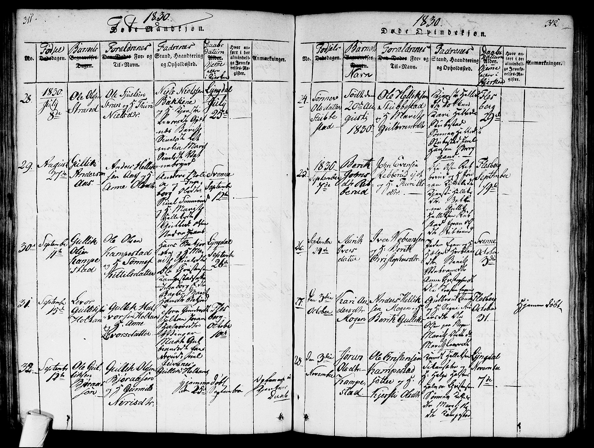 Flesberg kirkebøker, AV/SAKO-A-18/G/Ga/L0001: Parish register (copy) no. I 1, 1816-1834, p. 311-312