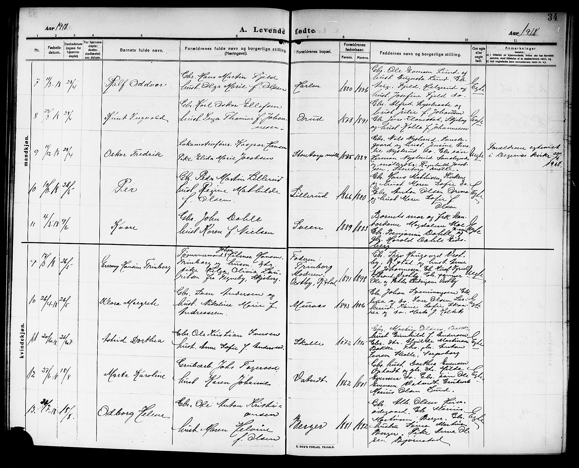 Rakkestad prestekontor Kirkebøker, AV/SAO-A-2008/G/Gb/L0002: Parish register (copy) no. II 2, 1909-1920, p. 34