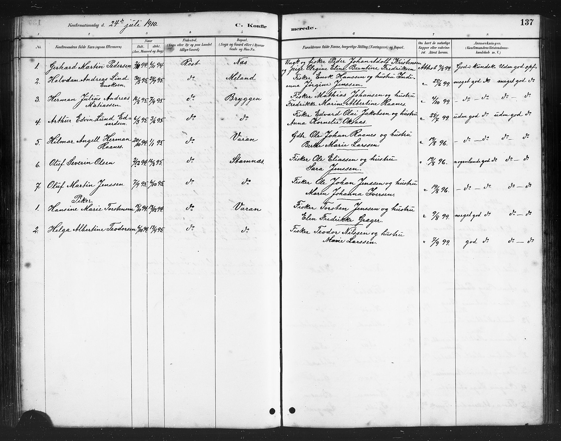 Ministerialprotokoller, klokkerbøker og fødselsregistre - Nordland, AV/SAT-A-1459/808/L0131: Parish register (copy) no. 808C02, 1879-1919, p. 137