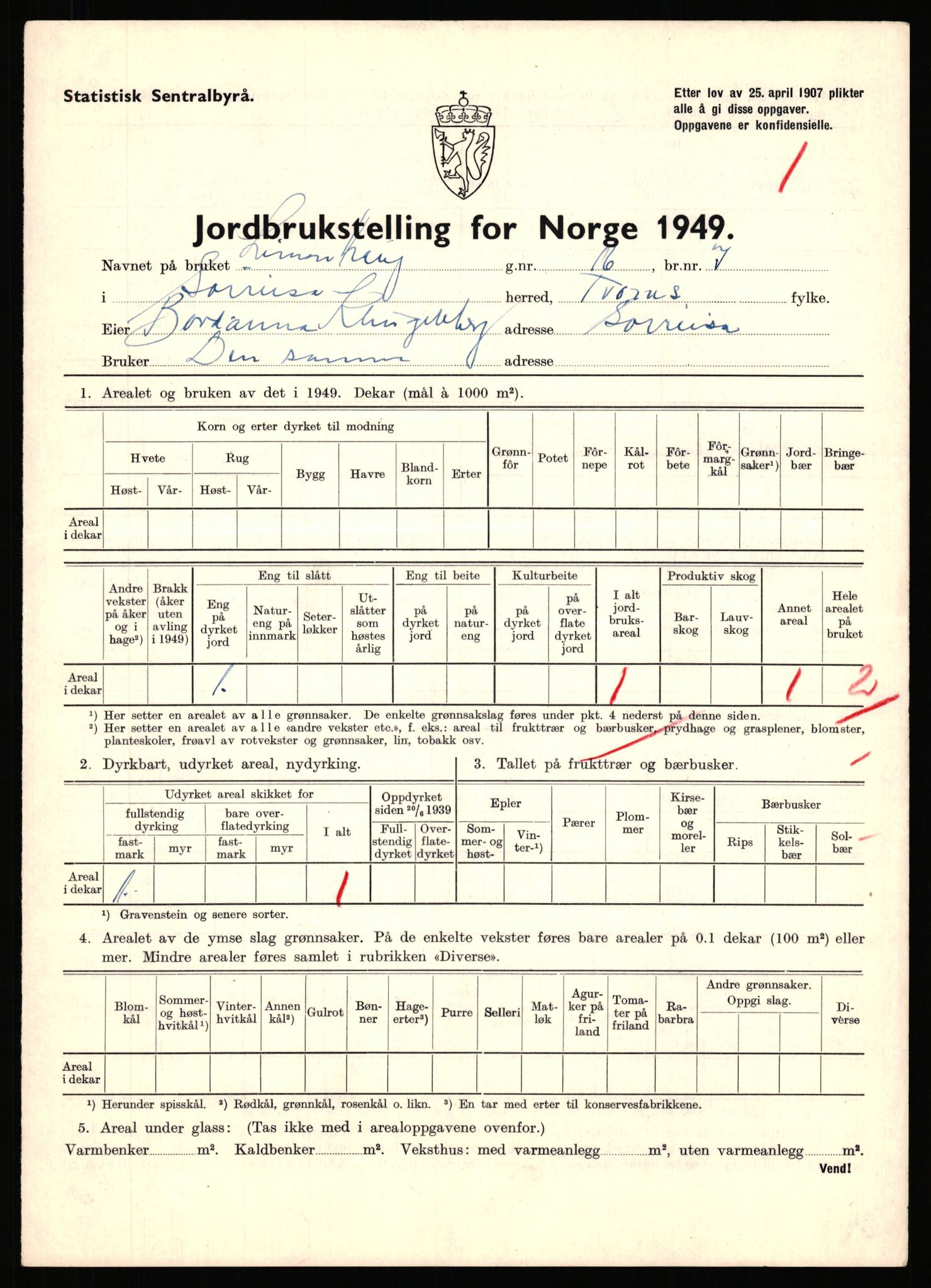 Statistisk sentralbyrå, Næringsøkonomiske emner, Jordbruk, skogbruk, jakt, fiske og fangst, AV/RA-S-2234/G/Gc/L0440: Troms: Sørreisa og Dyrøy, 1949, p. 22
