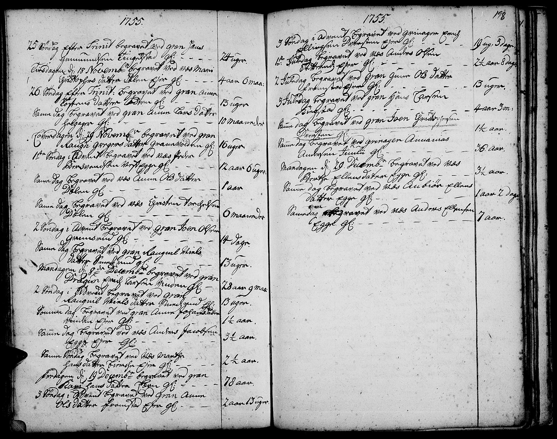 Gran prestekontor, SAH/PREST-112/H/Ha/Haa/L0003: Parish register (official) no. 3, 1745-1758, p. 198
