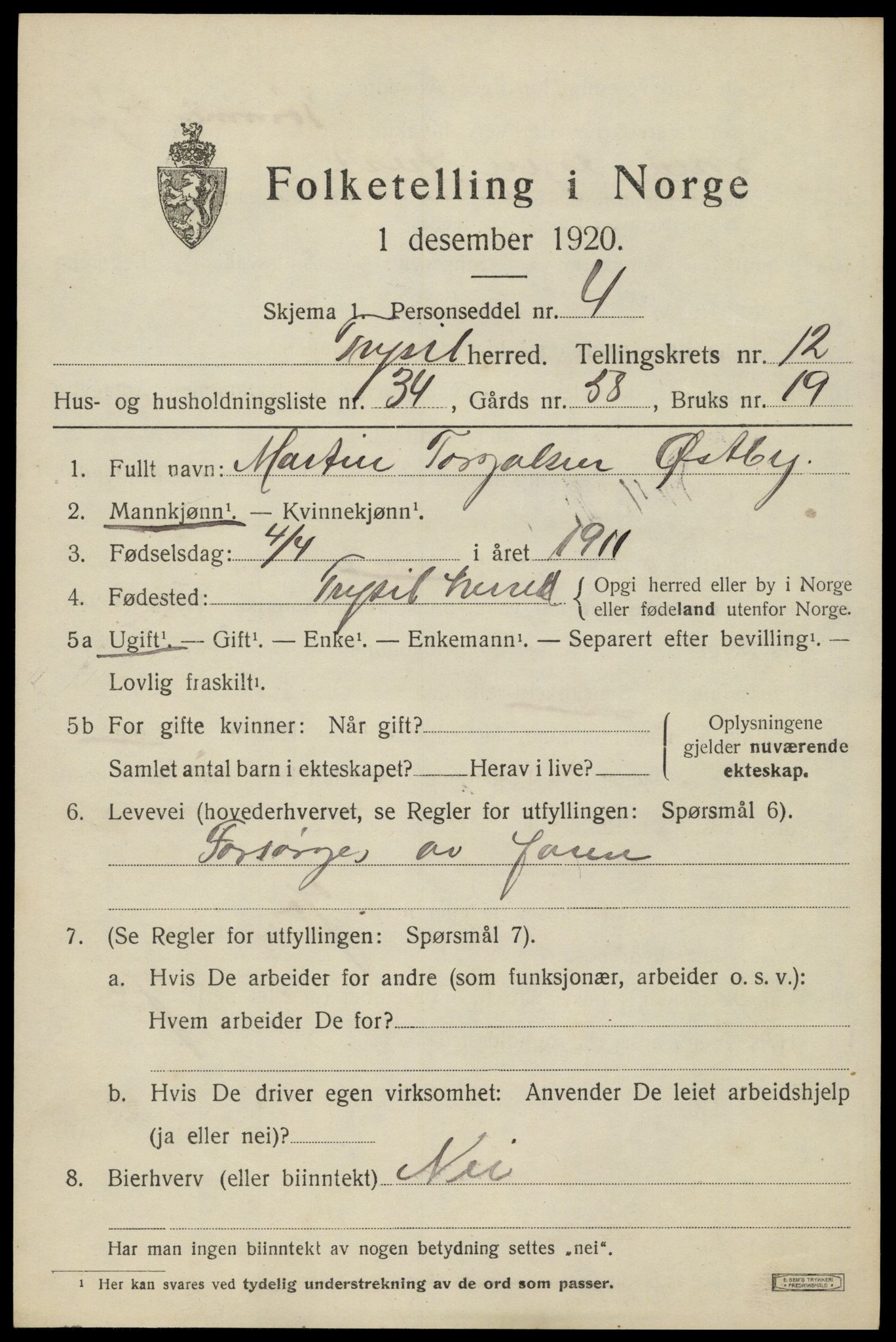 SAH, 1920 census for Trysil, 1920, p. 7573