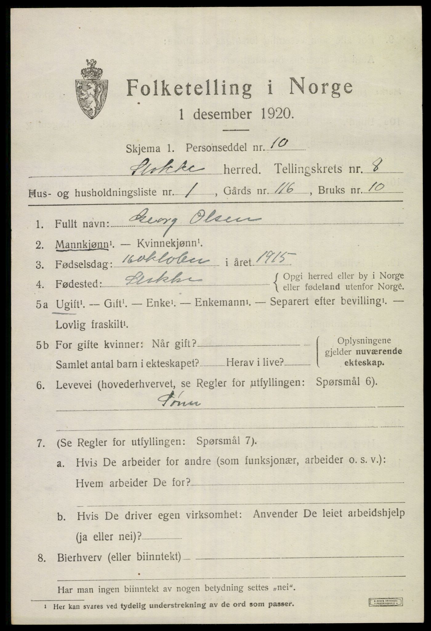 SAKO, 1920 census for Stokke, 1920, p. 9310