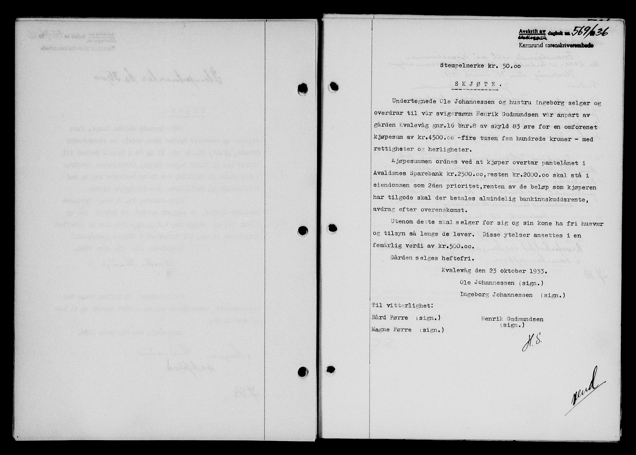 Karmsund sorenskriveri, SAST/A-100311/01/II/IIB/L0066: Mortgage book no. 47A, 1936-1936, Diary no: : 569/1936