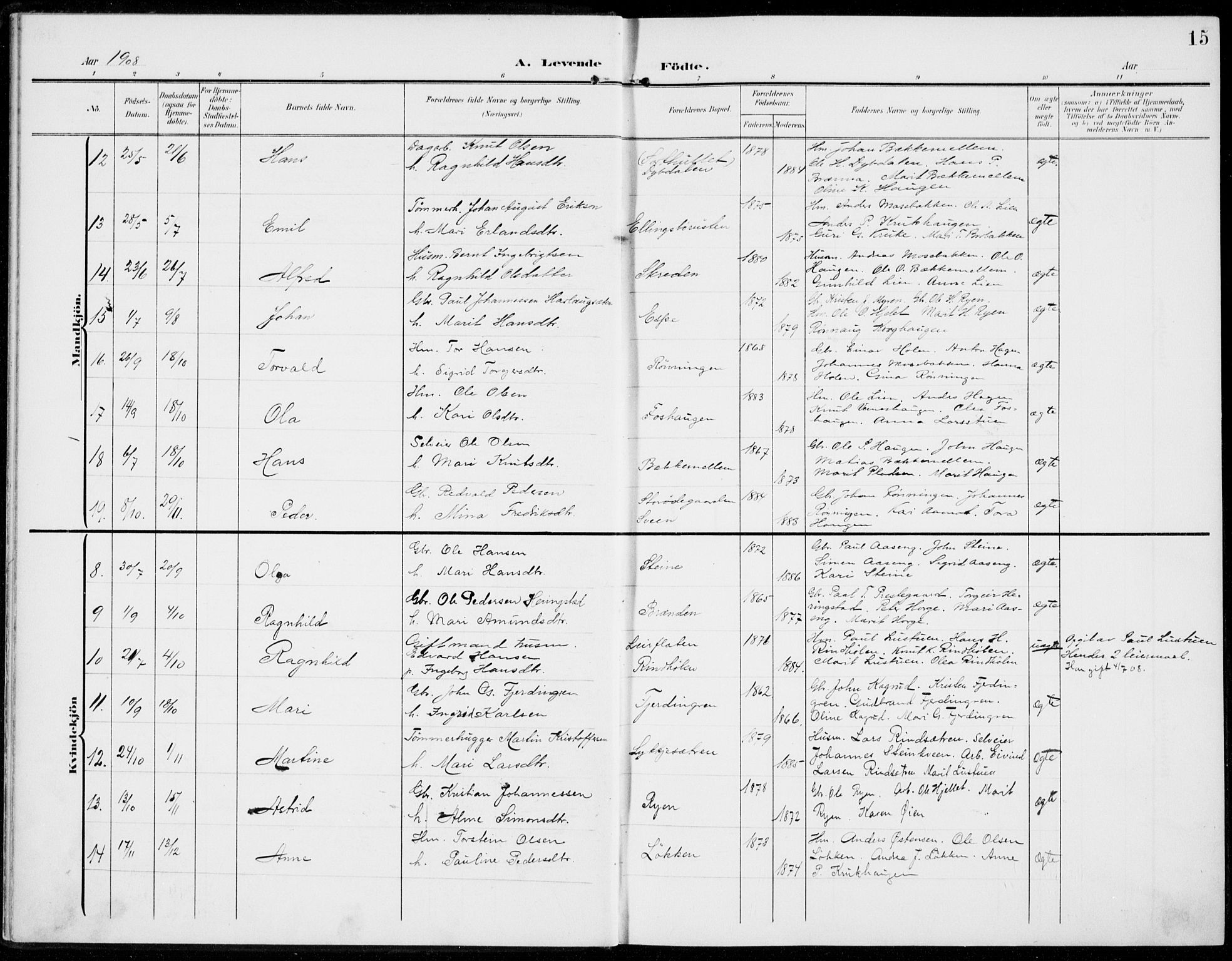 Sel prestekontor, AV/SAH-PREST-074/H/Ha/Haa/L0001: Parish register (official) no. 1, 1905-1922, p. 15