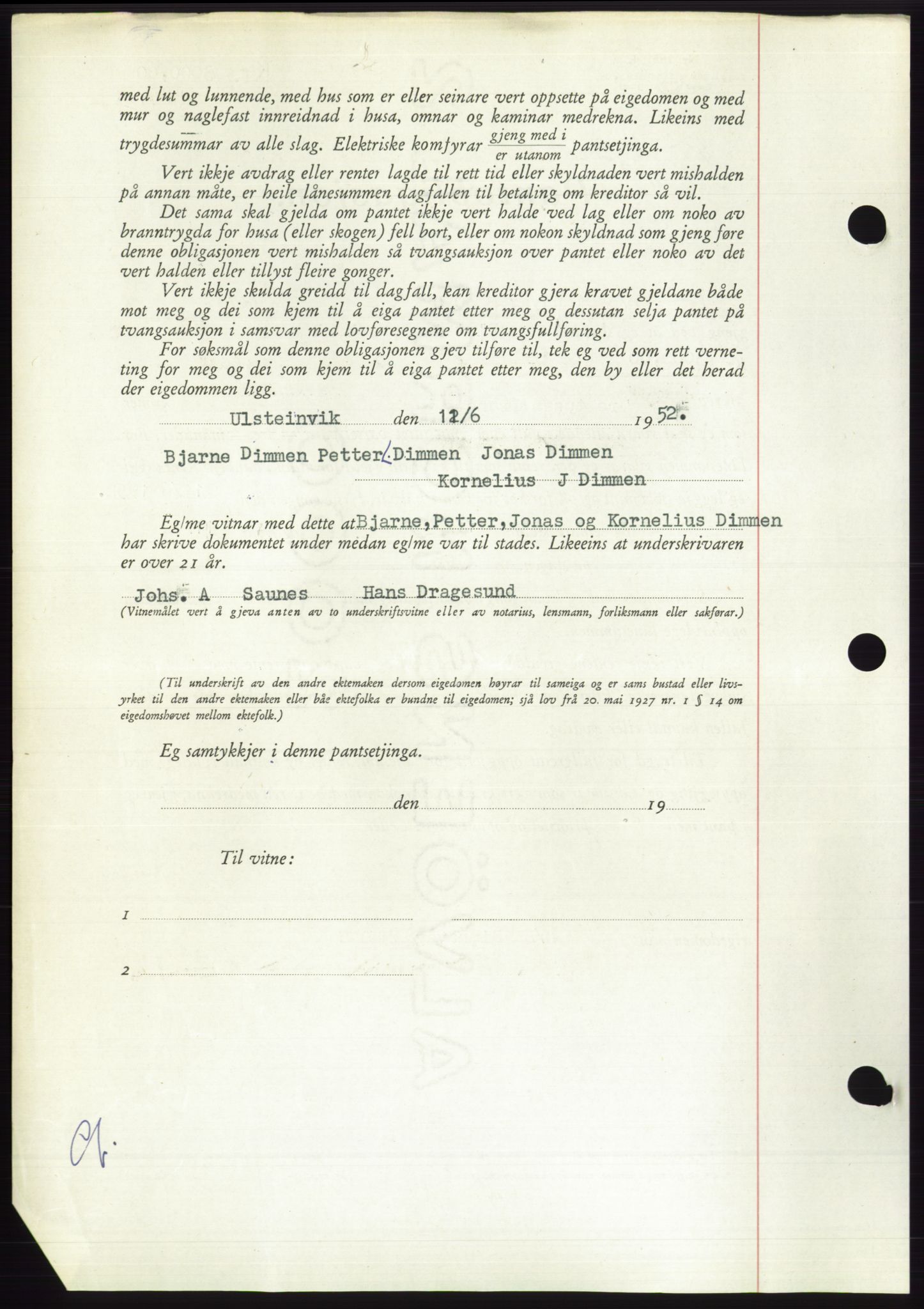 Søre Sunnmøre sorenskriveri, AV/SAT-A-4122/1/2/2C/L0121: Mortgage book no. 9B, 1951-1952, Diary no: : 1216/1952