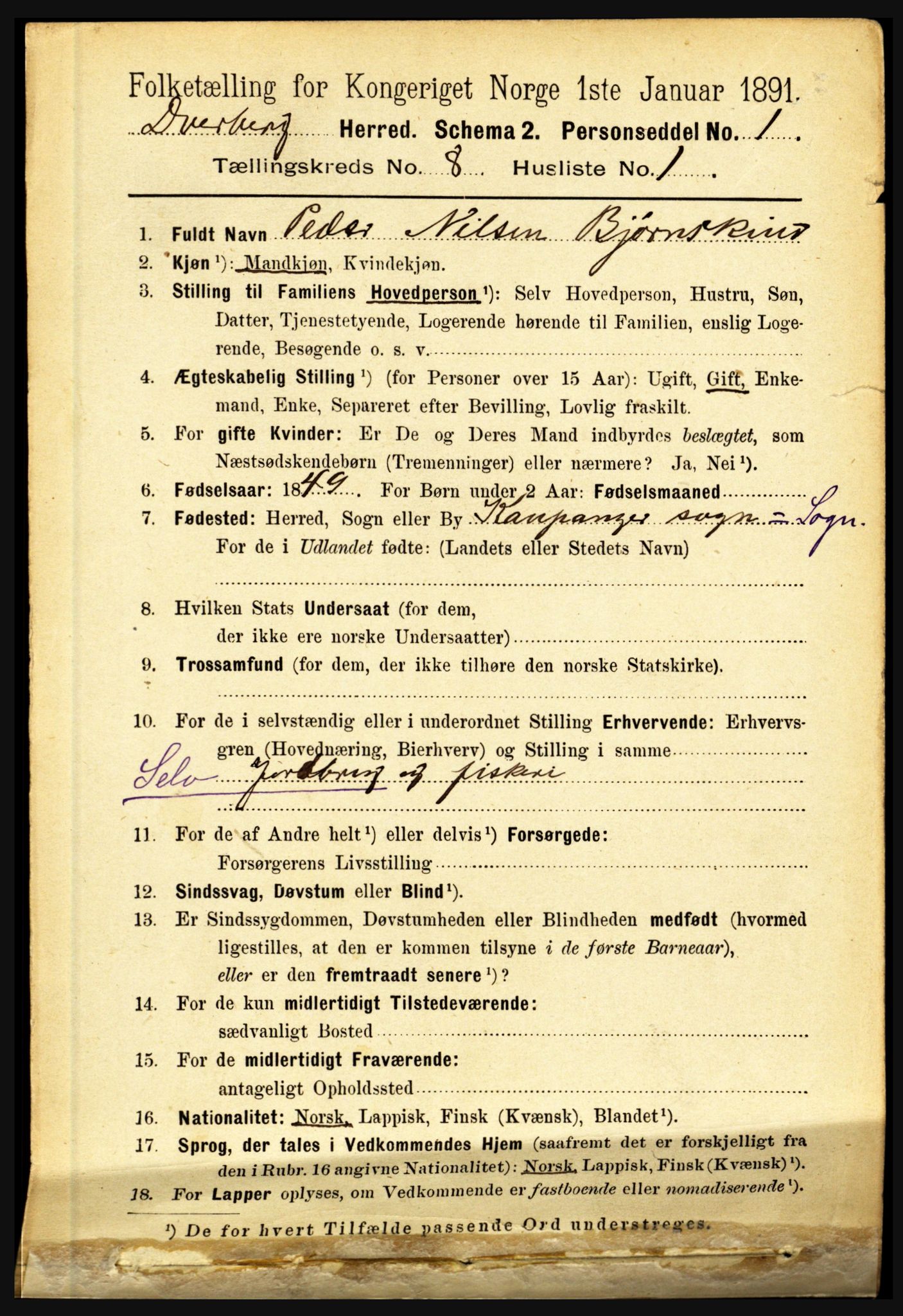 RA, 1891 census for 1872 Dverberg, 1891, p. 3110