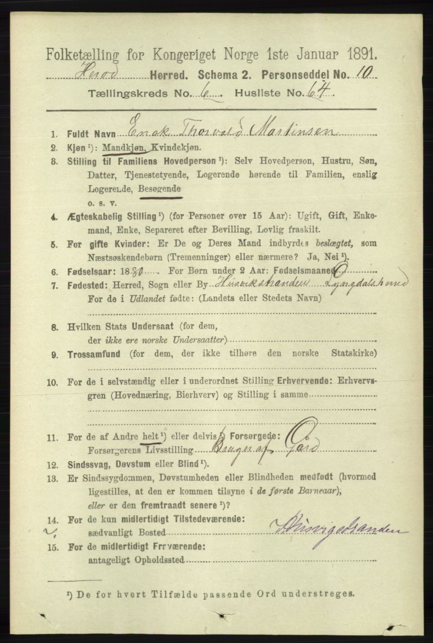 RA, 1891 census for 1039 Herad, 1891, p. 2704