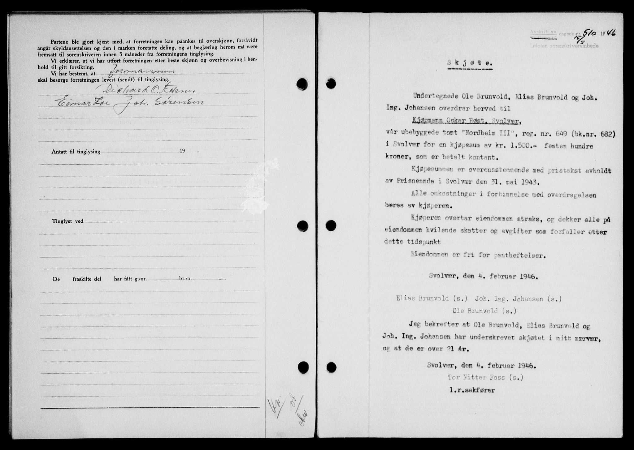Lofoten sorenskriveri, SAT/A-0017/1/2/2C/L0014a: Mortgage book no. 14a, 1946-1946, Diary no: : 510/1946