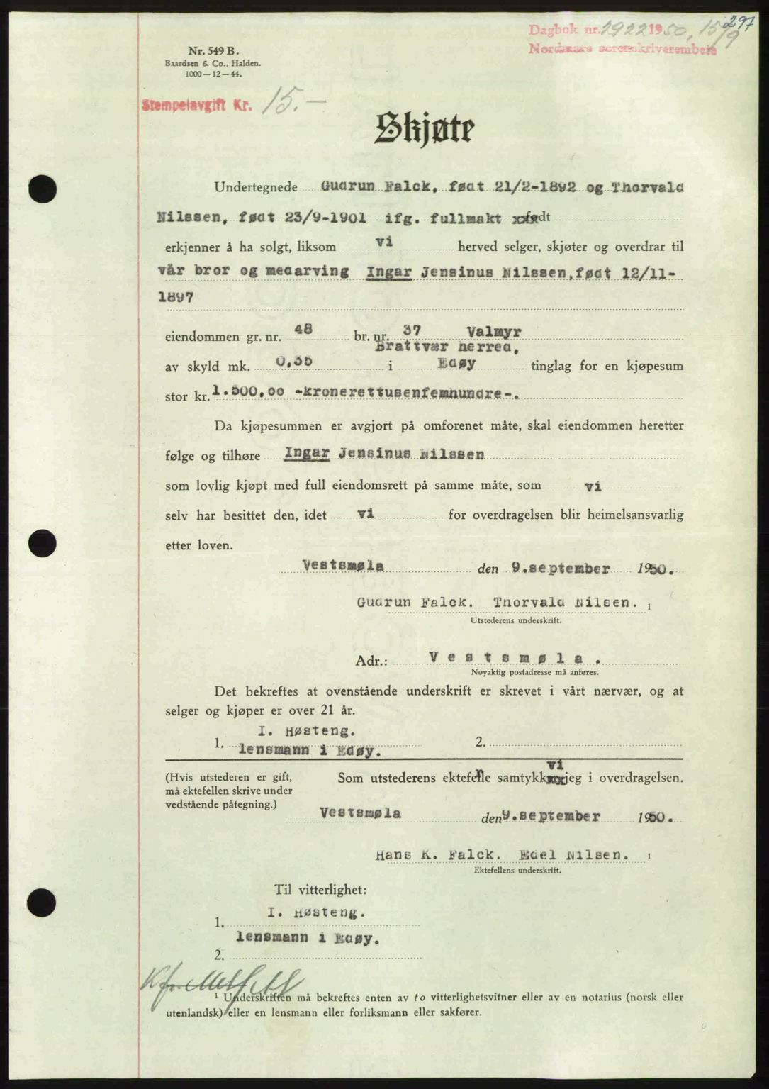 Nordmøre sorenskriveri, AV/SAT-A-4132/1/2/2Ca: Mortgage book no. A116, 1950-1950, Diary no: : 2922/1950