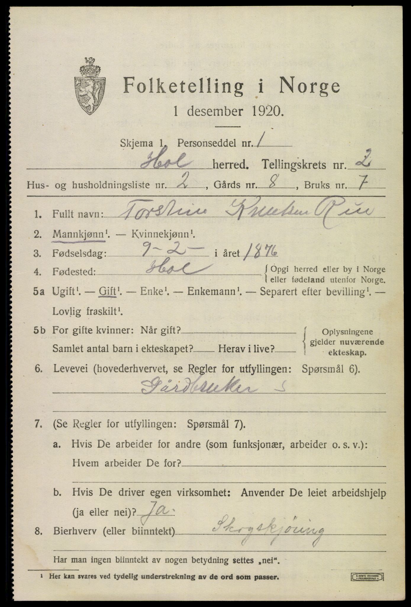 SAKO, 1920 census for Hol (Buskerud), 1920, p. 1201