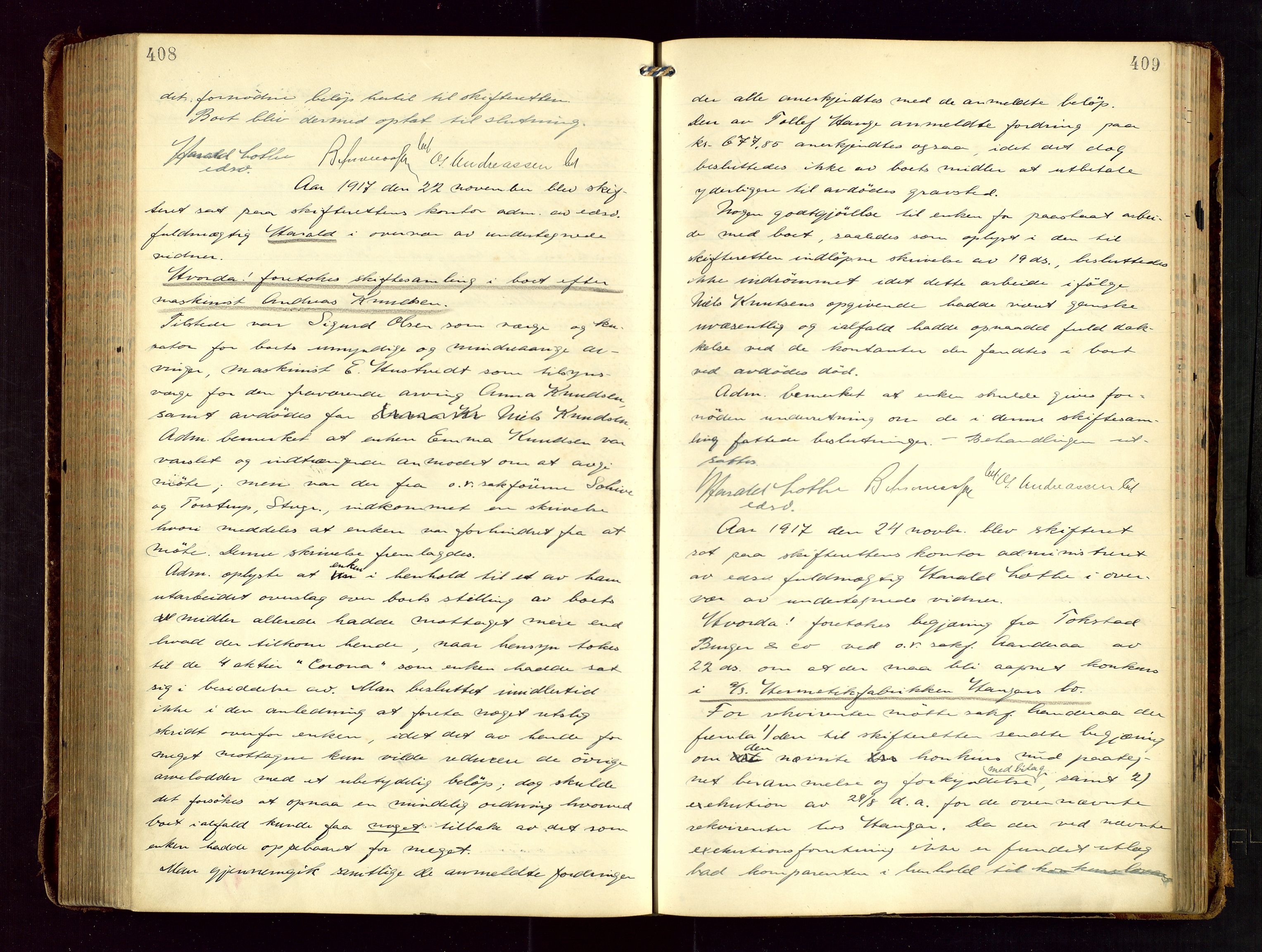 Haugesund tingrett, AV/SAST-A-101415/01/IV/IVC/L0002: Skifteforhandlingsprotokoll, med register, 1912-1921, p. 408-409